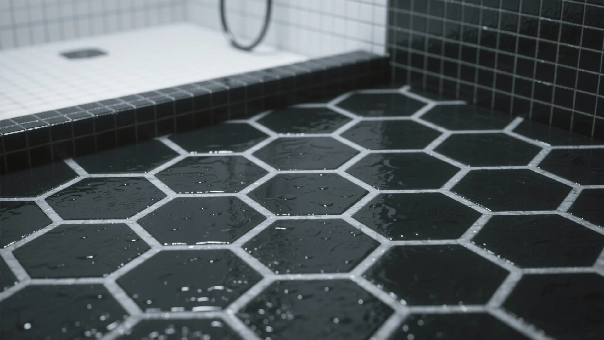 4. Black hexagon tiles with contrasting grout for texture