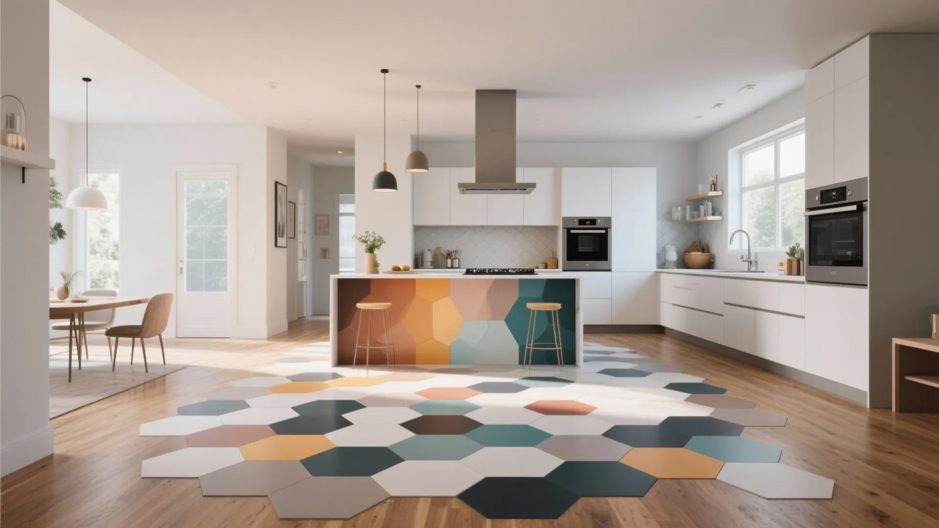 Open kitchen with white cabinets colorful hexagon floor tiles wooden island and bright natural light windows