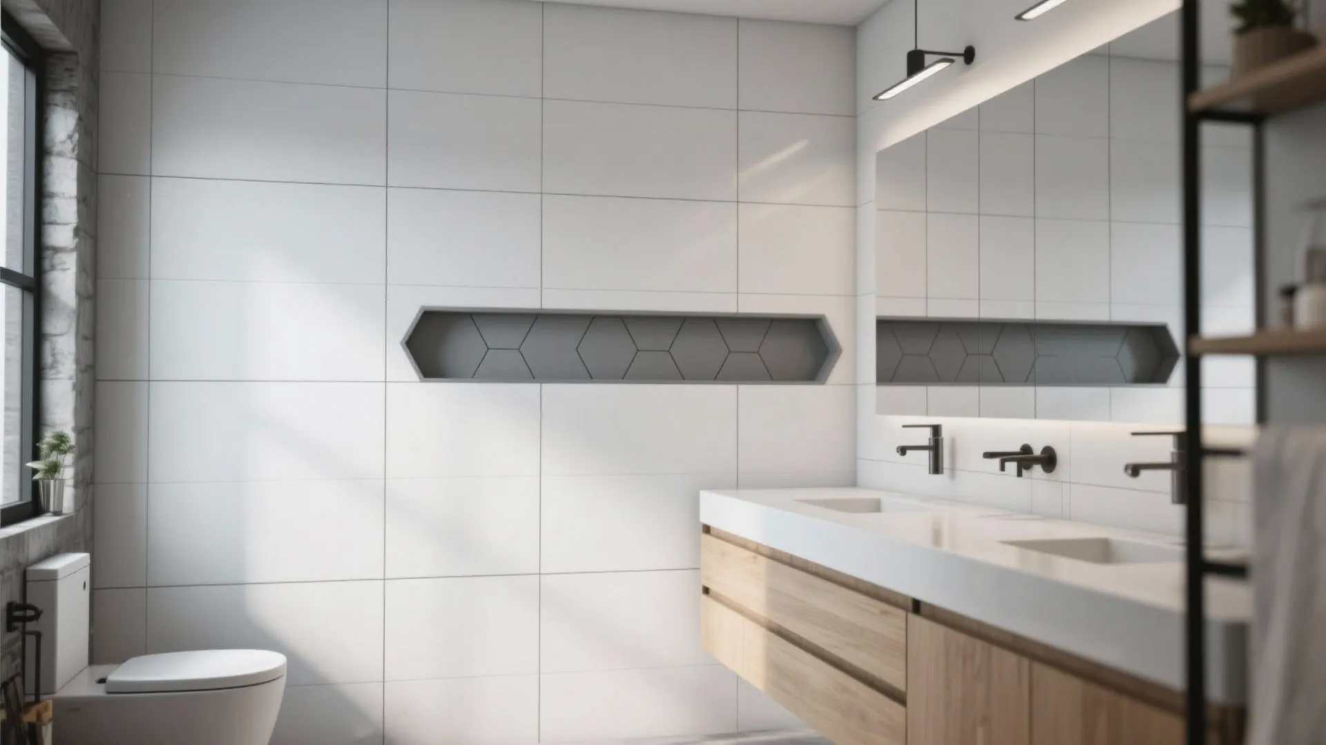 3. Large Format White Walls + Grey Hexagon Feature