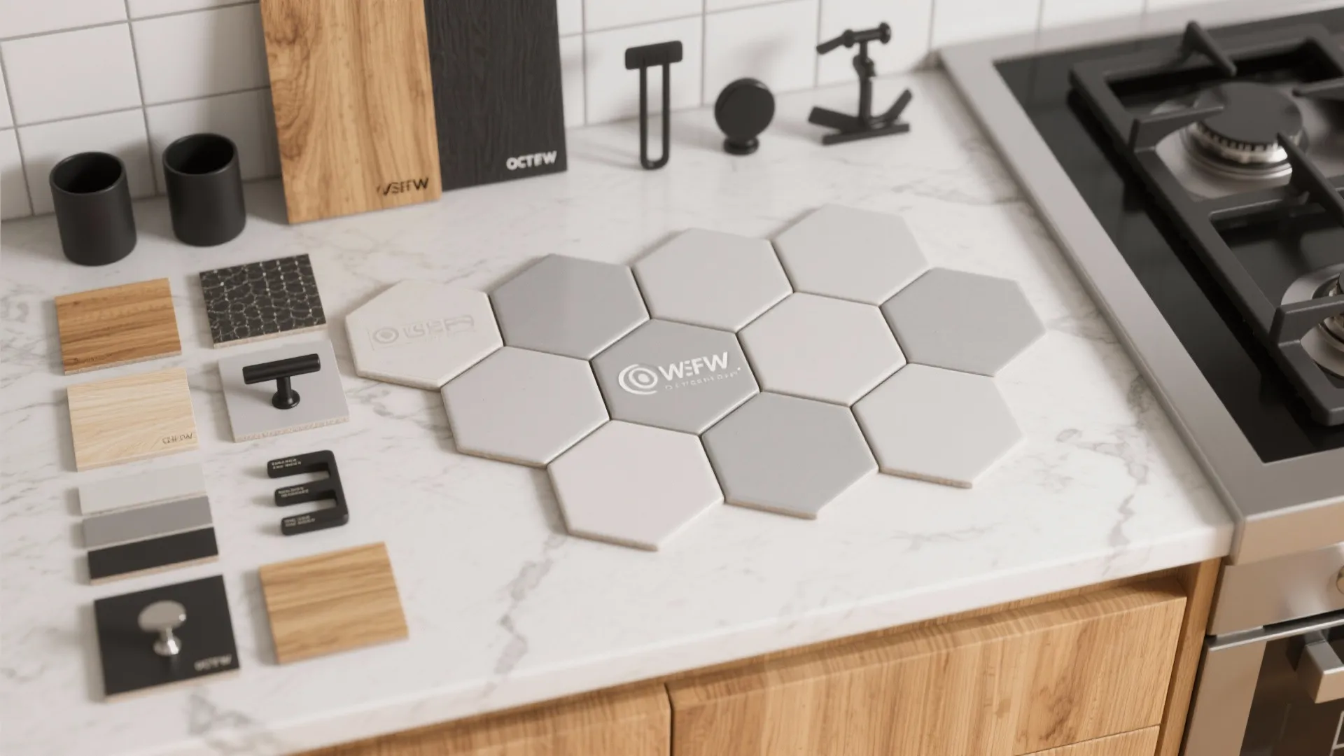 Top-down flatlay of light-gray hexagon tile samples with wood and hardware swatches.