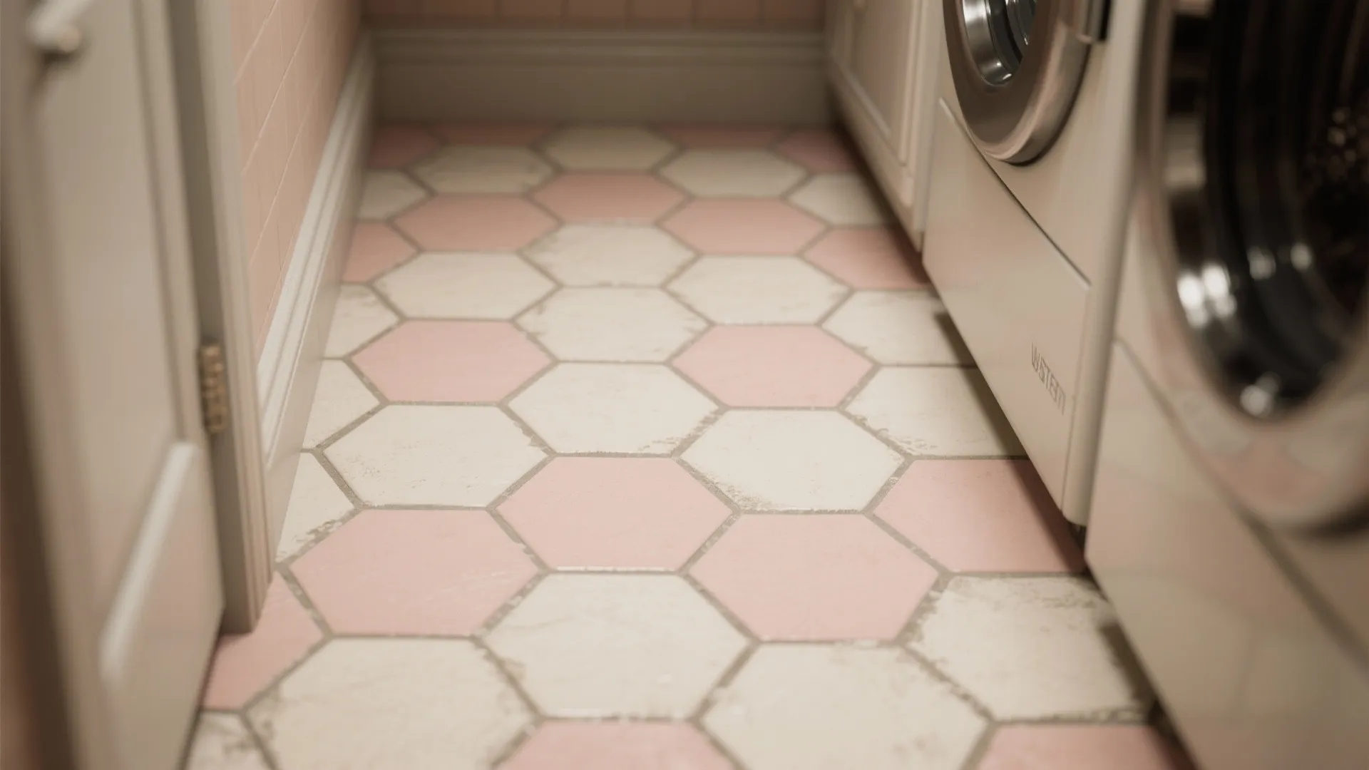 Close up of pink and white hexagon floor tiles in a laundry room with washer