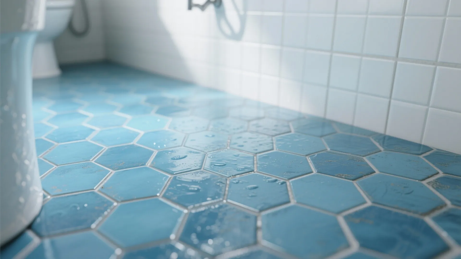 Blue hexagon floor tiles in a bathroom with water droplets and white square wall tiles