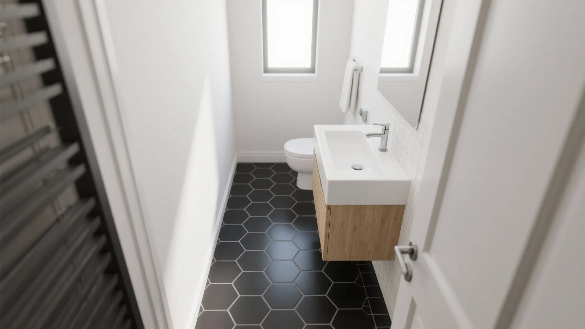 2. Black hexagon floor with white walls to expand the space