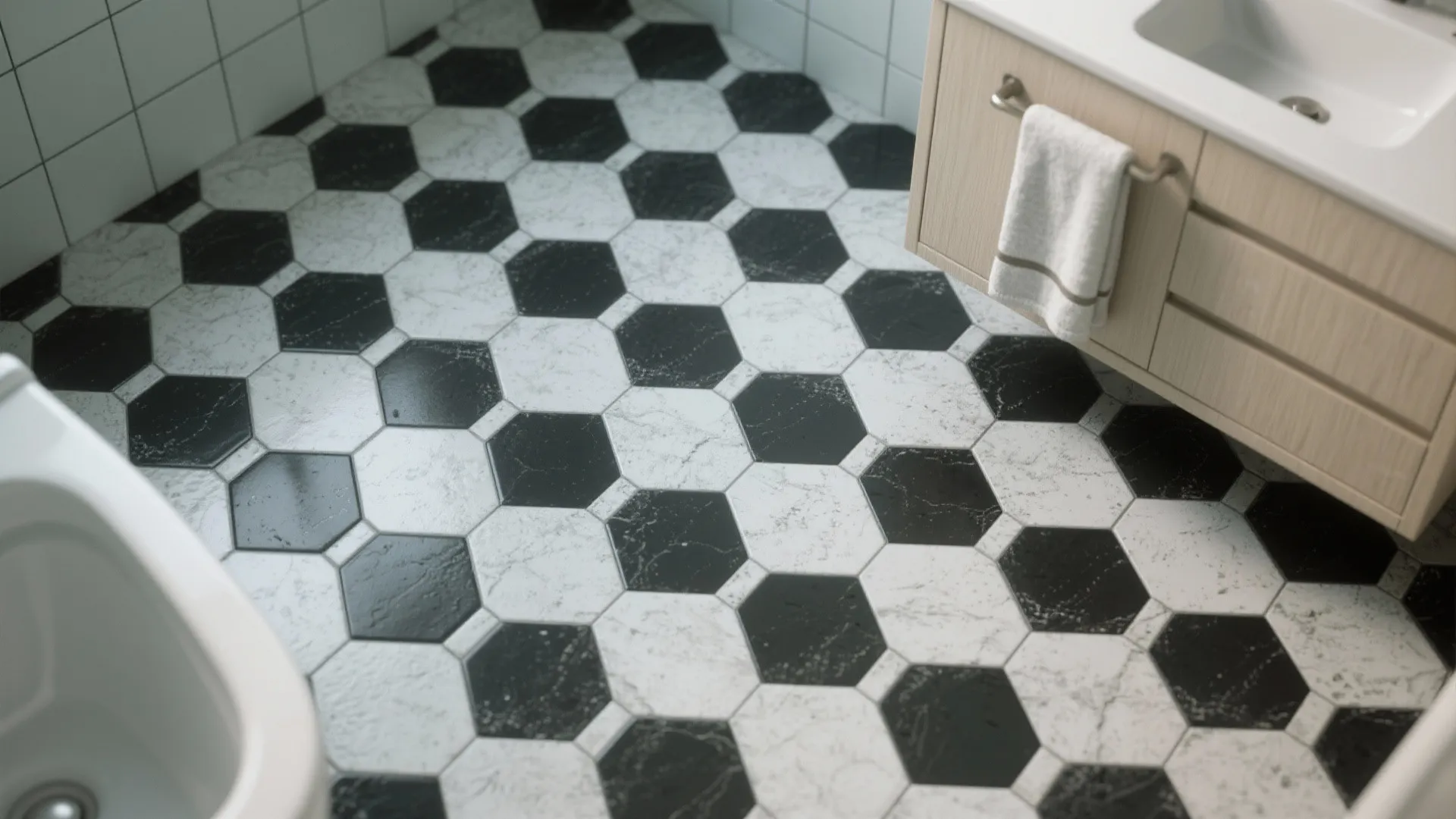 3. Black hexagon floor tiles with light grout