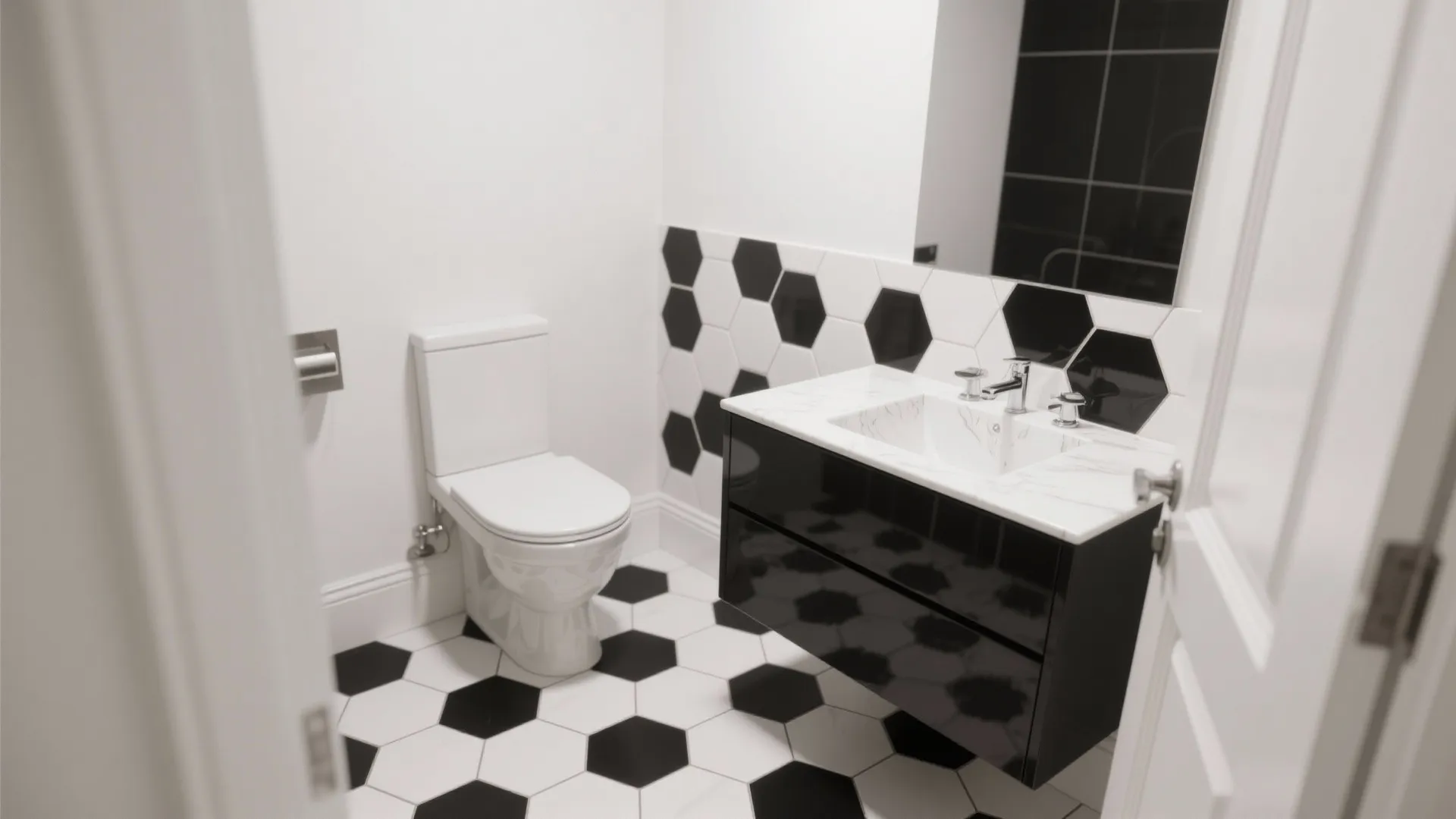 Modern bathroom with black and white hexagon wall tiles floor tiles white toilet black sink cabinet