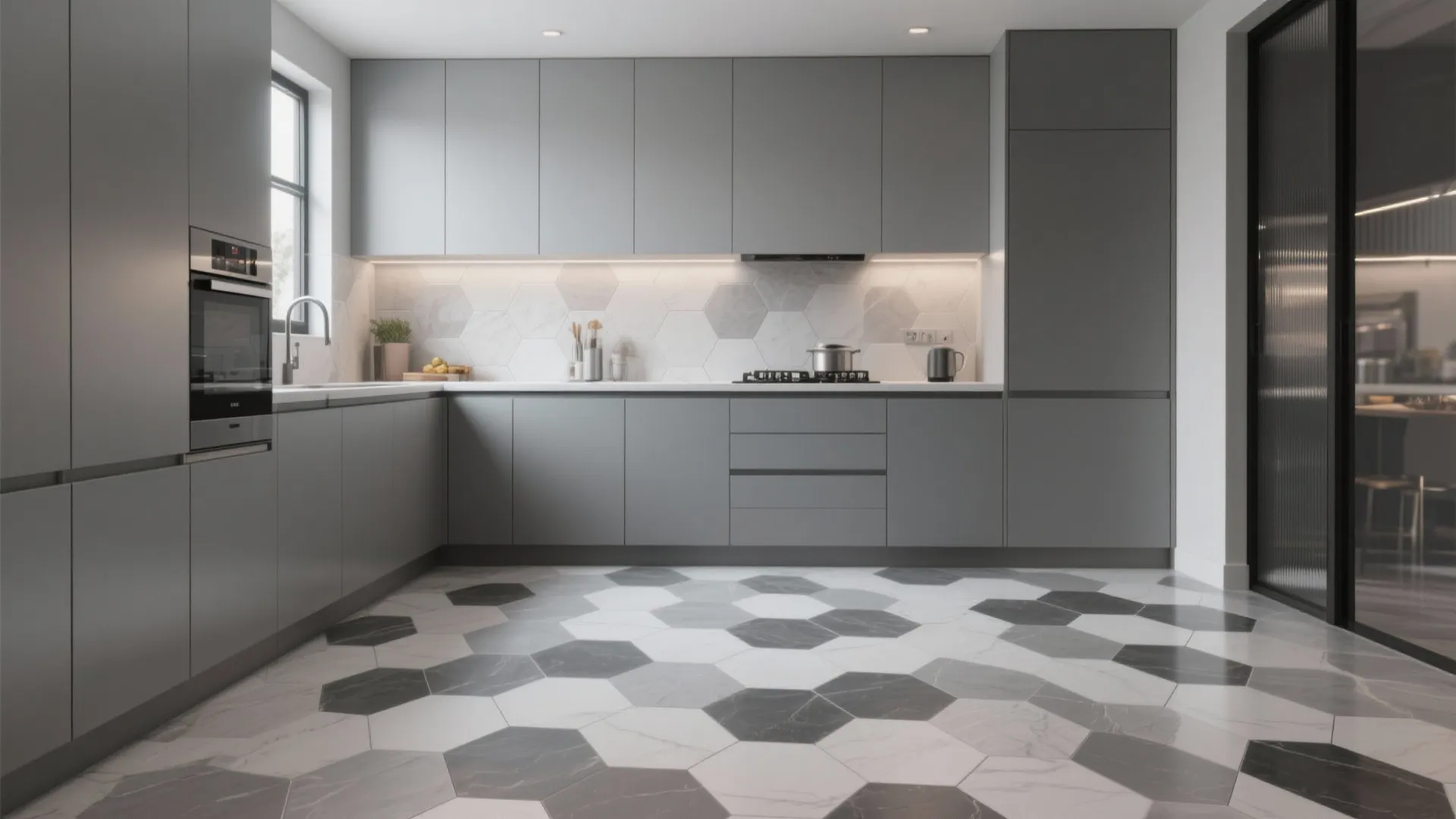 Modern grey kitchen featuring hexagon floor tiles grey cabinets white backsplash sink and clean layout