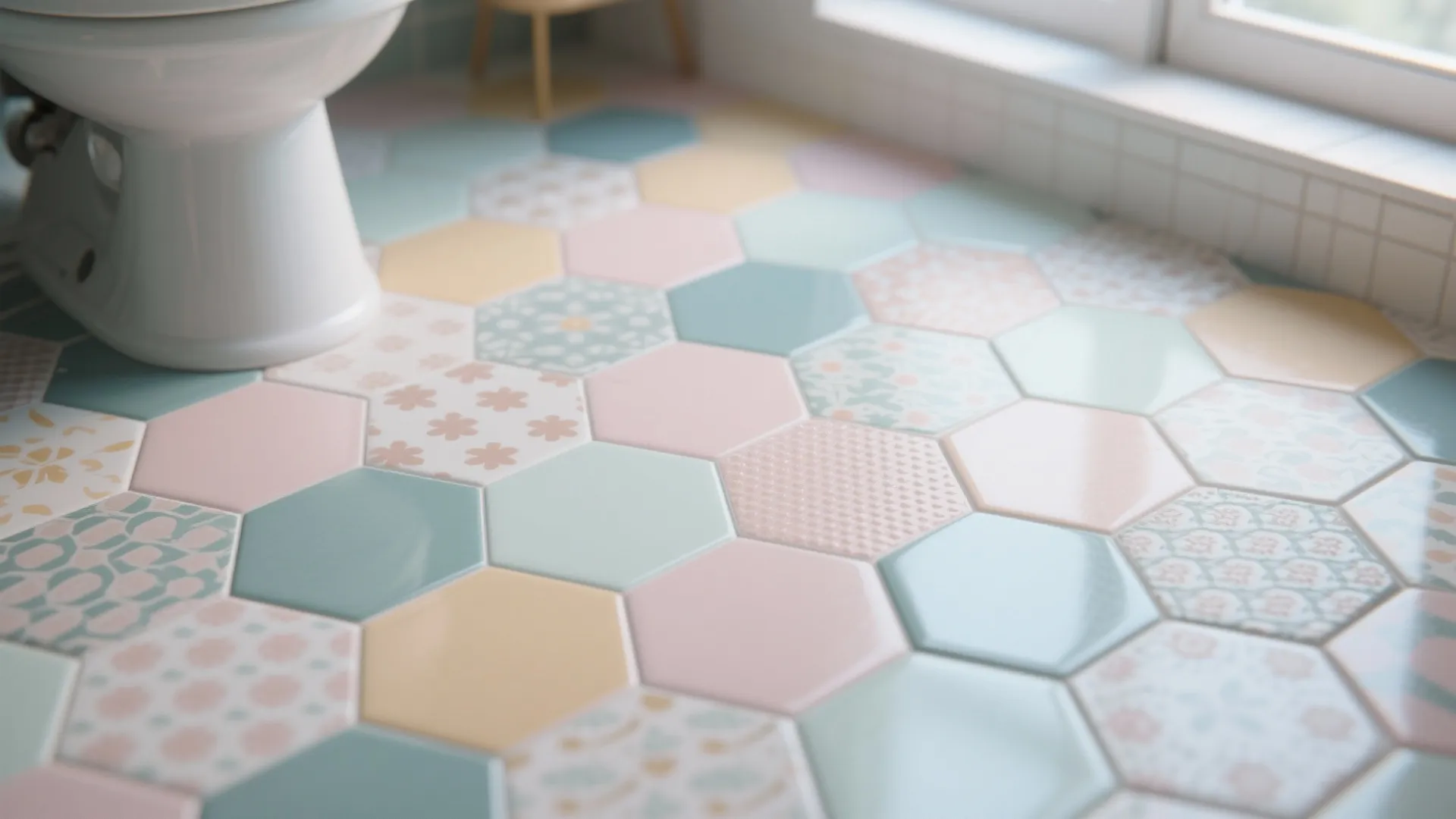 Colorful pastel hexagon floor tiles in a bathroom with a white toilet and natural light