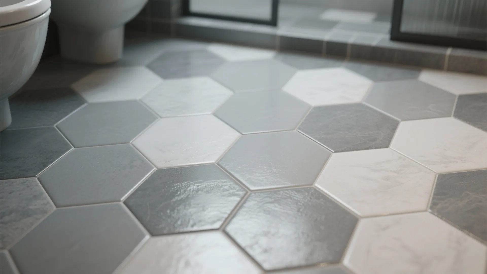 3. Hexagonal geometric tiles with mixed gray tones