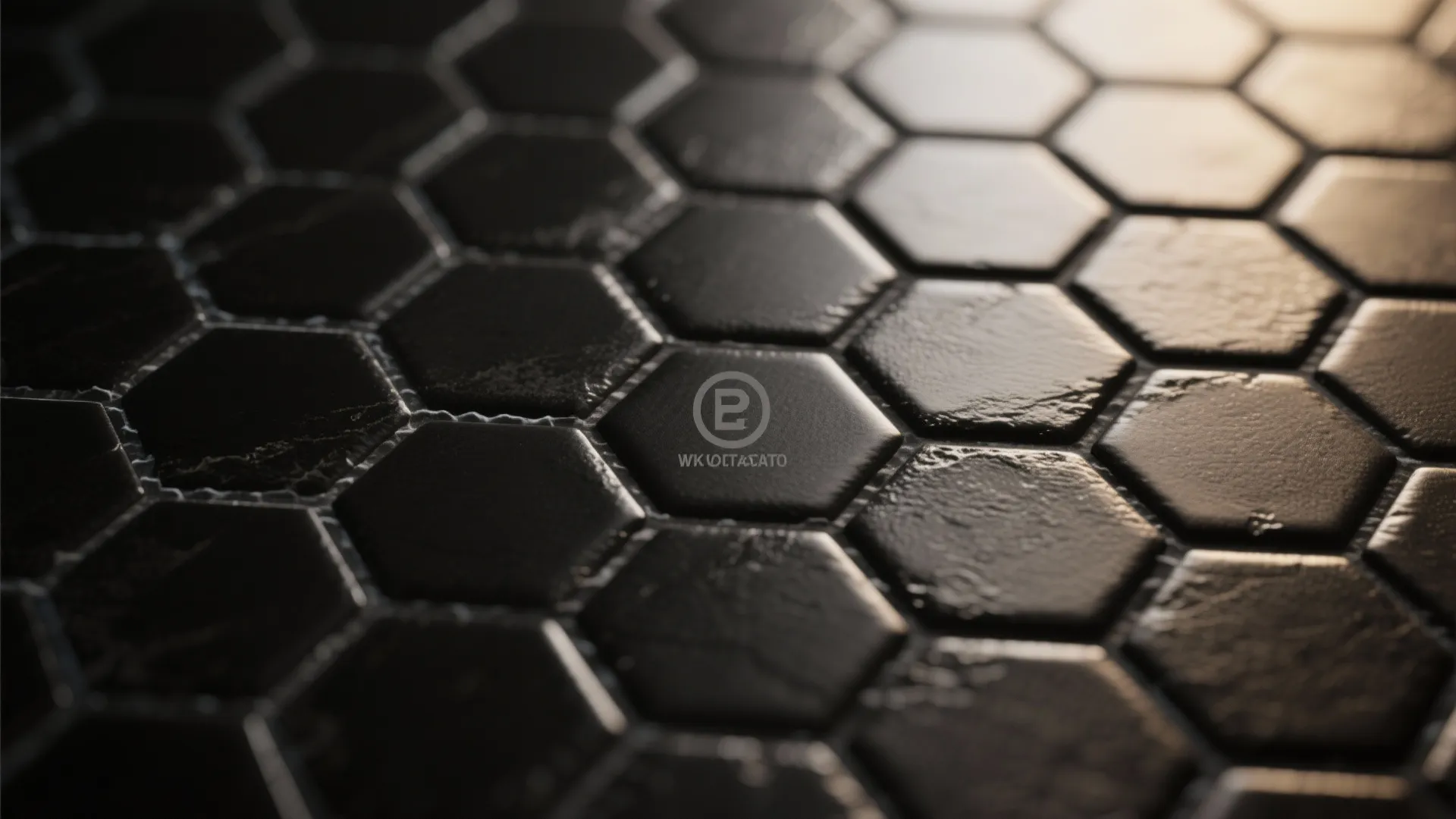 Close up view of black hexagon wall tiles with matte finish and warm subtle lighting