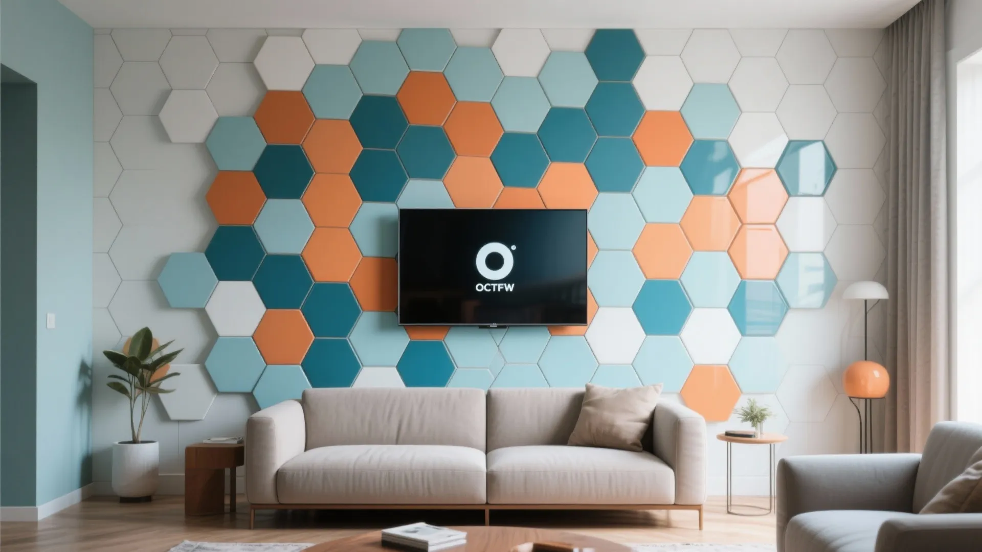Modern living room featuring a colorful hexagon wall design behind a white sofa and television