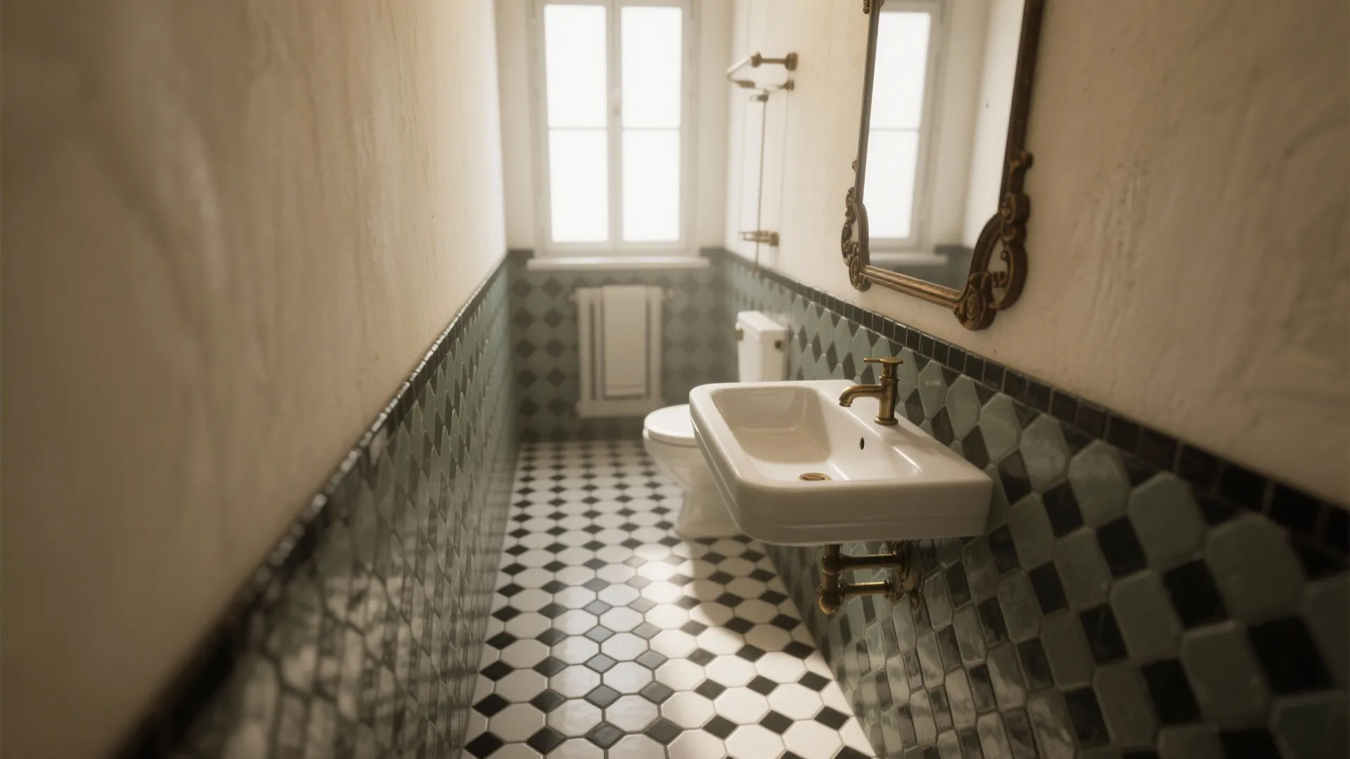 Narrow bathroom with small black-and-white hexagon mosaic floor and vintage mirror.