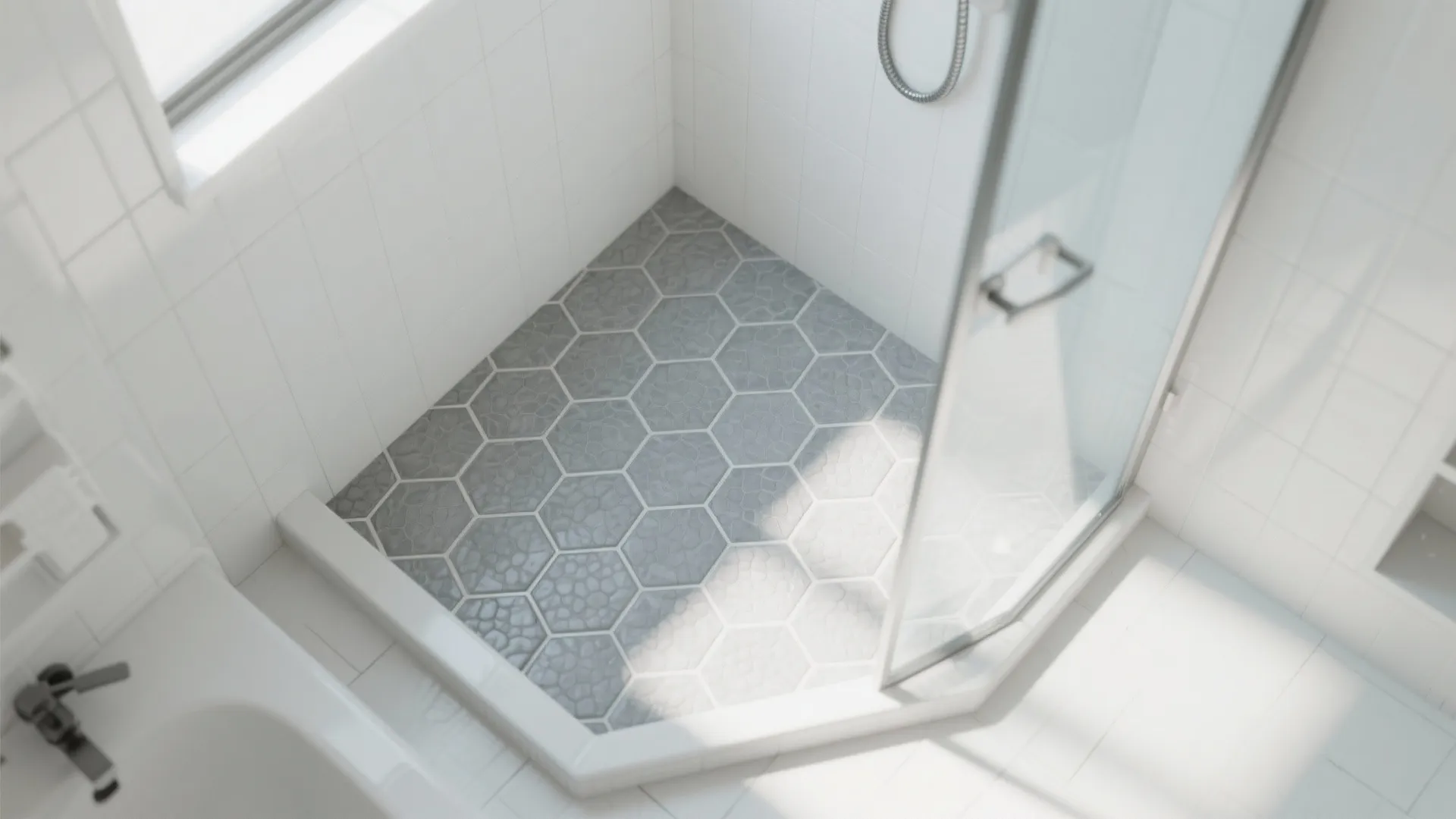Modern shower area with grey hexagon floor tiles white wall tiles and glass shower door