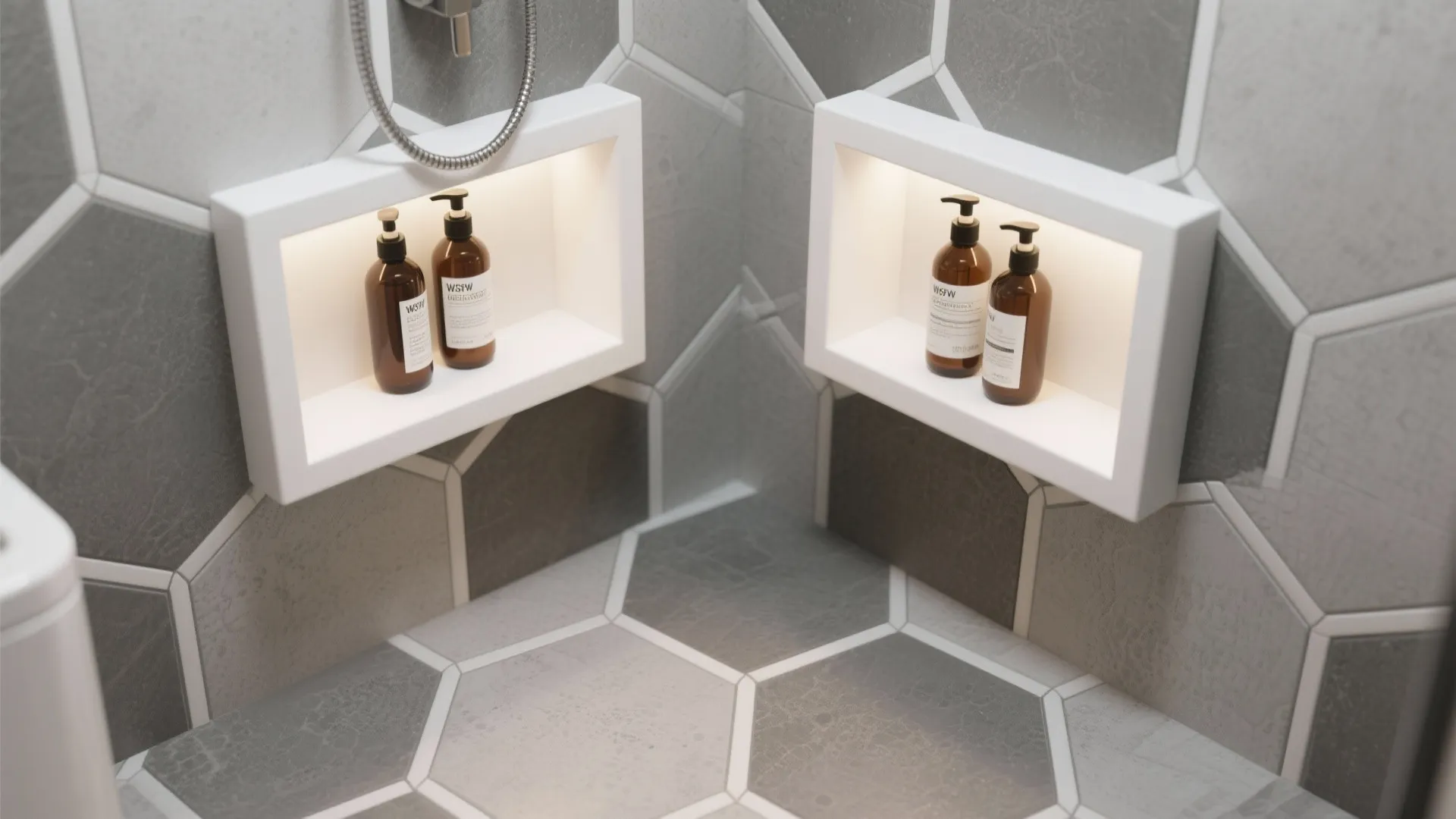 Modern bathroom shower corner with grey hexagon wall tiles and two built-in lighted storage shelves