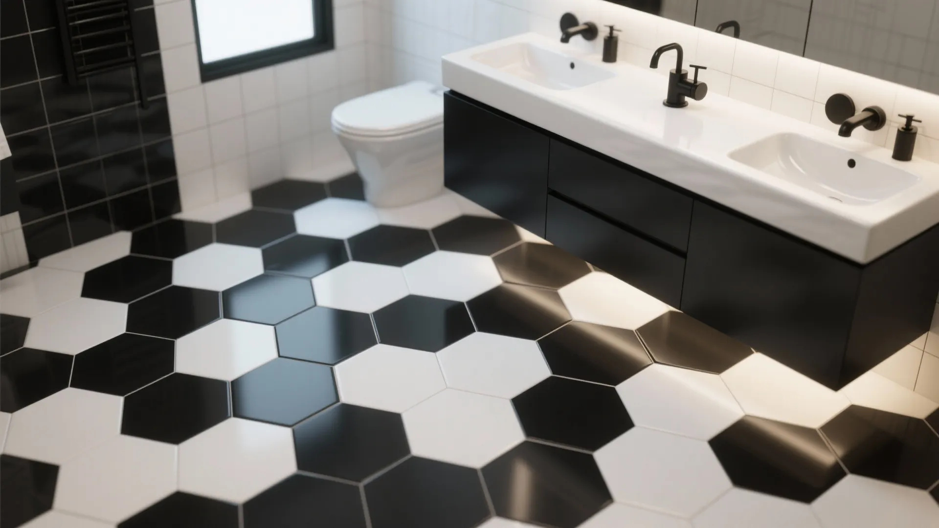 Modern bathroom with black and white hexagon floor tiles, double sinks, and a white toilet