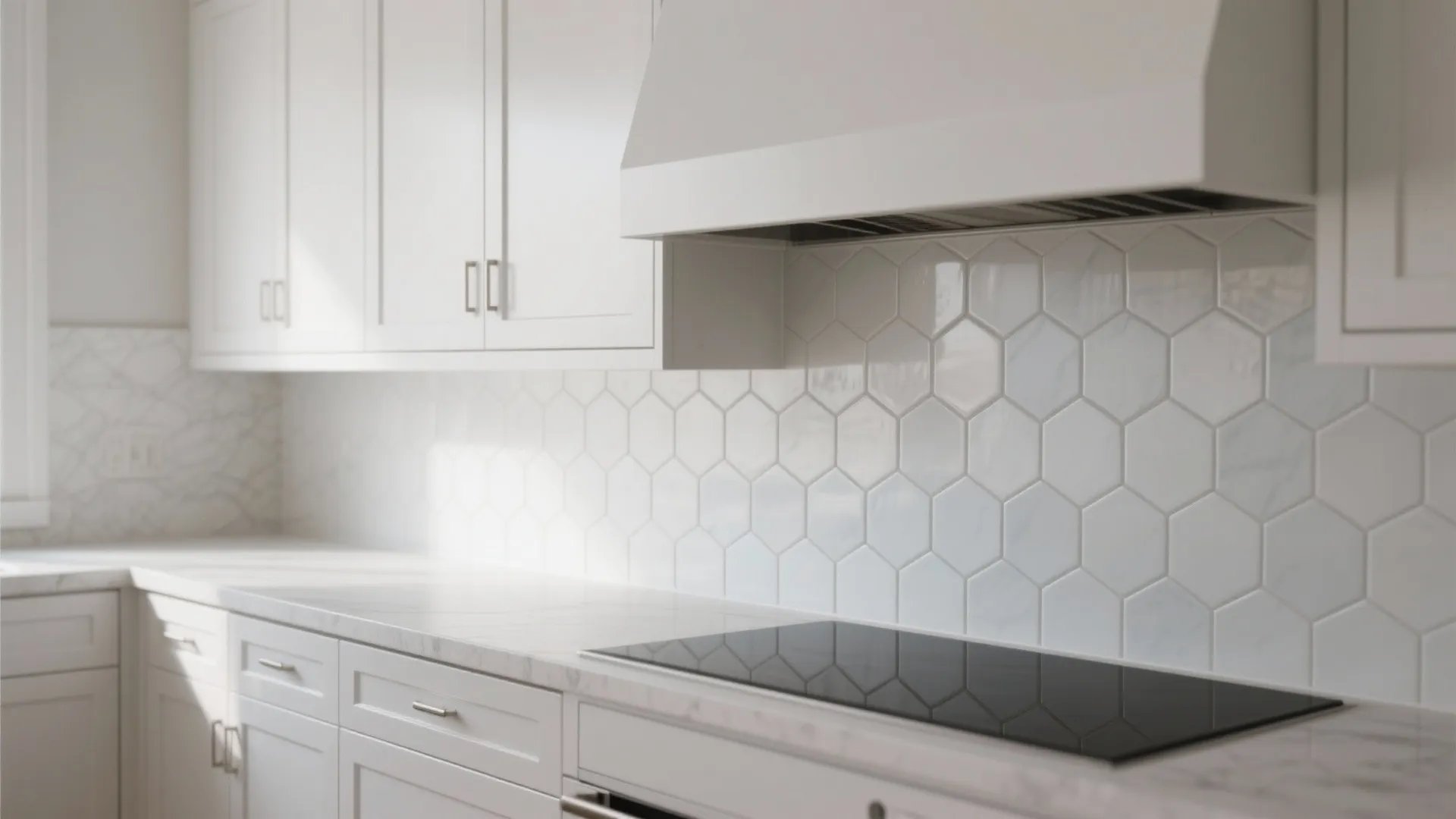 Bright white kitchen with hexagon tile backsplash white cabinets and a sleek black glass stove