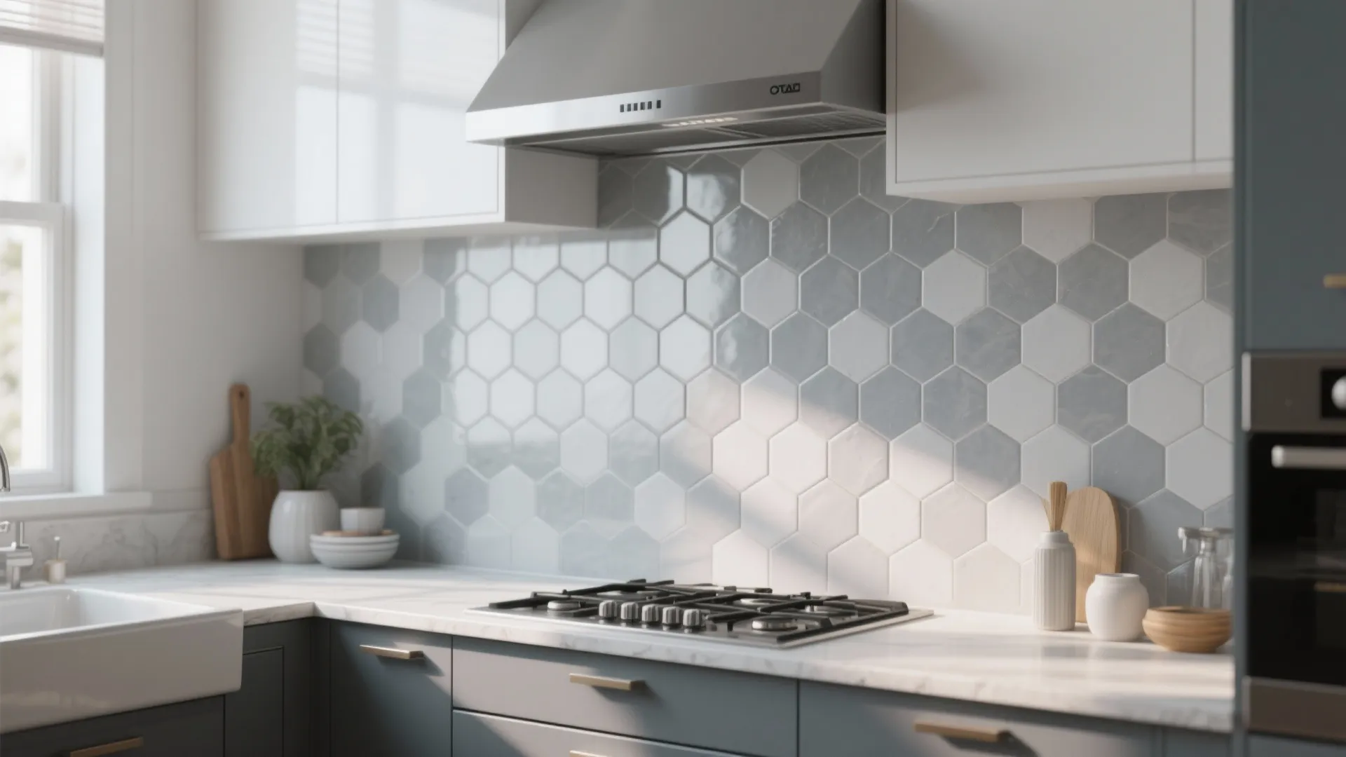 Modern kitchen with blue hexagon wall tiles, white marble countertop, gas stove, and white cabinet