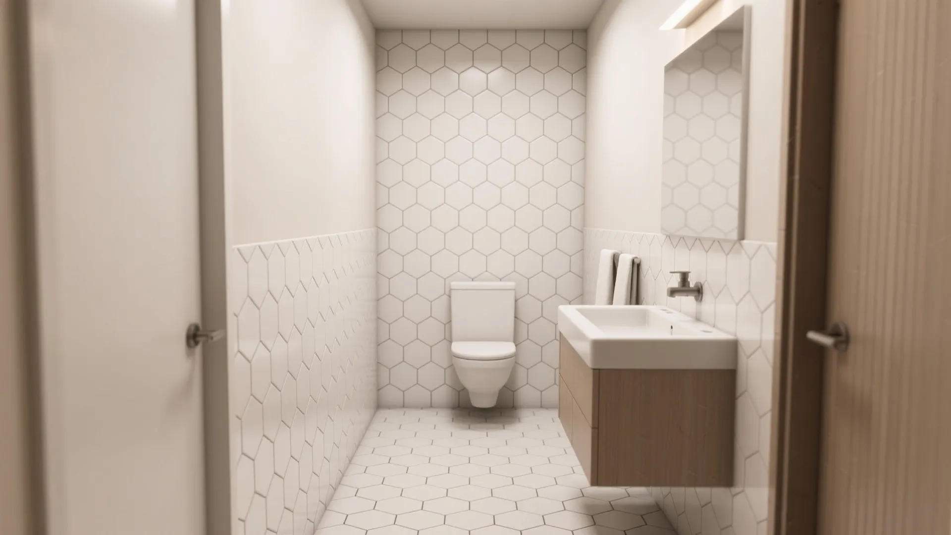 Small modern bathroom featuring white hexagon wall tiles wood floating cabinet white toilet and mirror