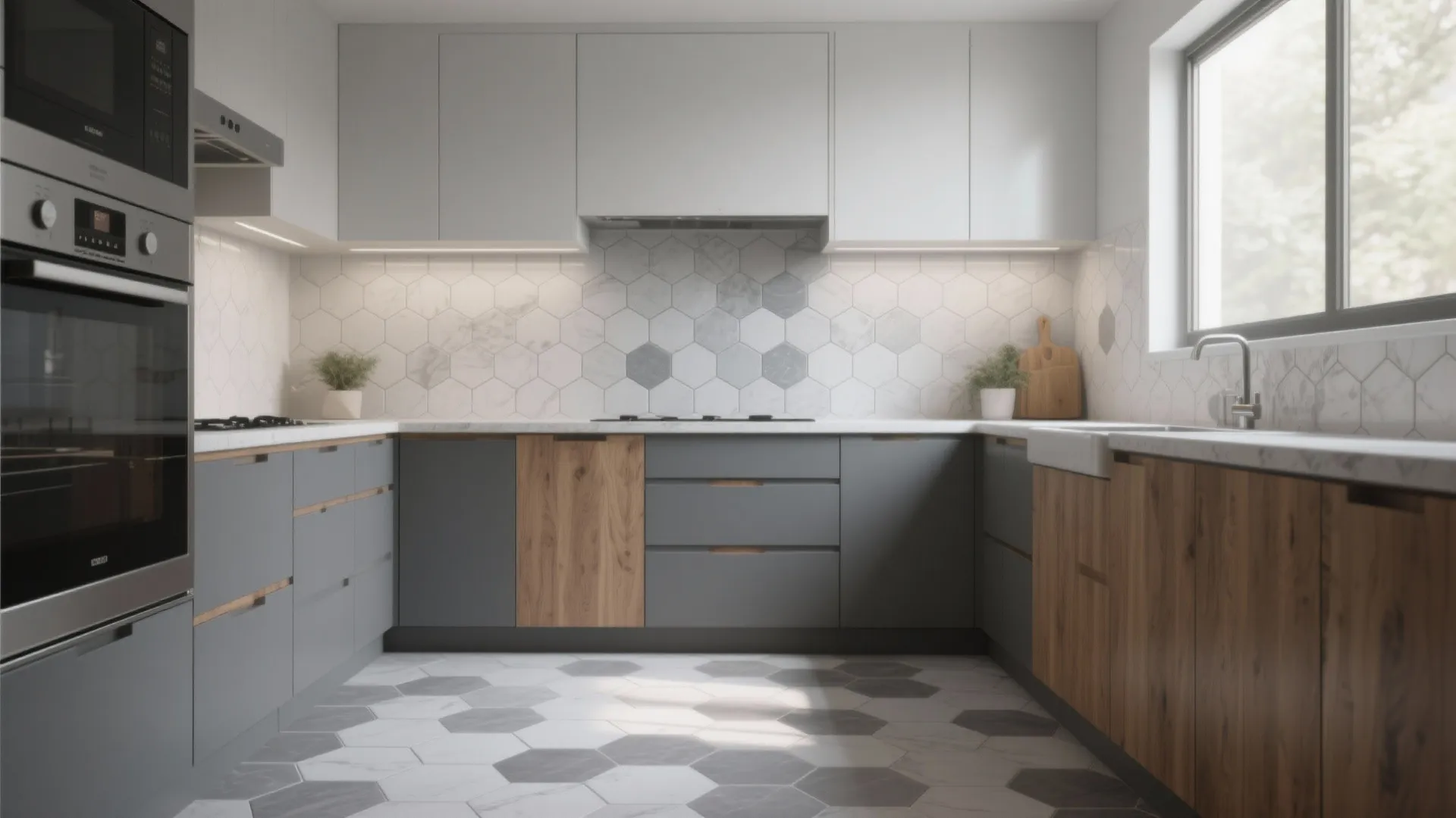 Modern kitchen with grey and wood cabinets white hexagon wall tiles and matching floor tiles