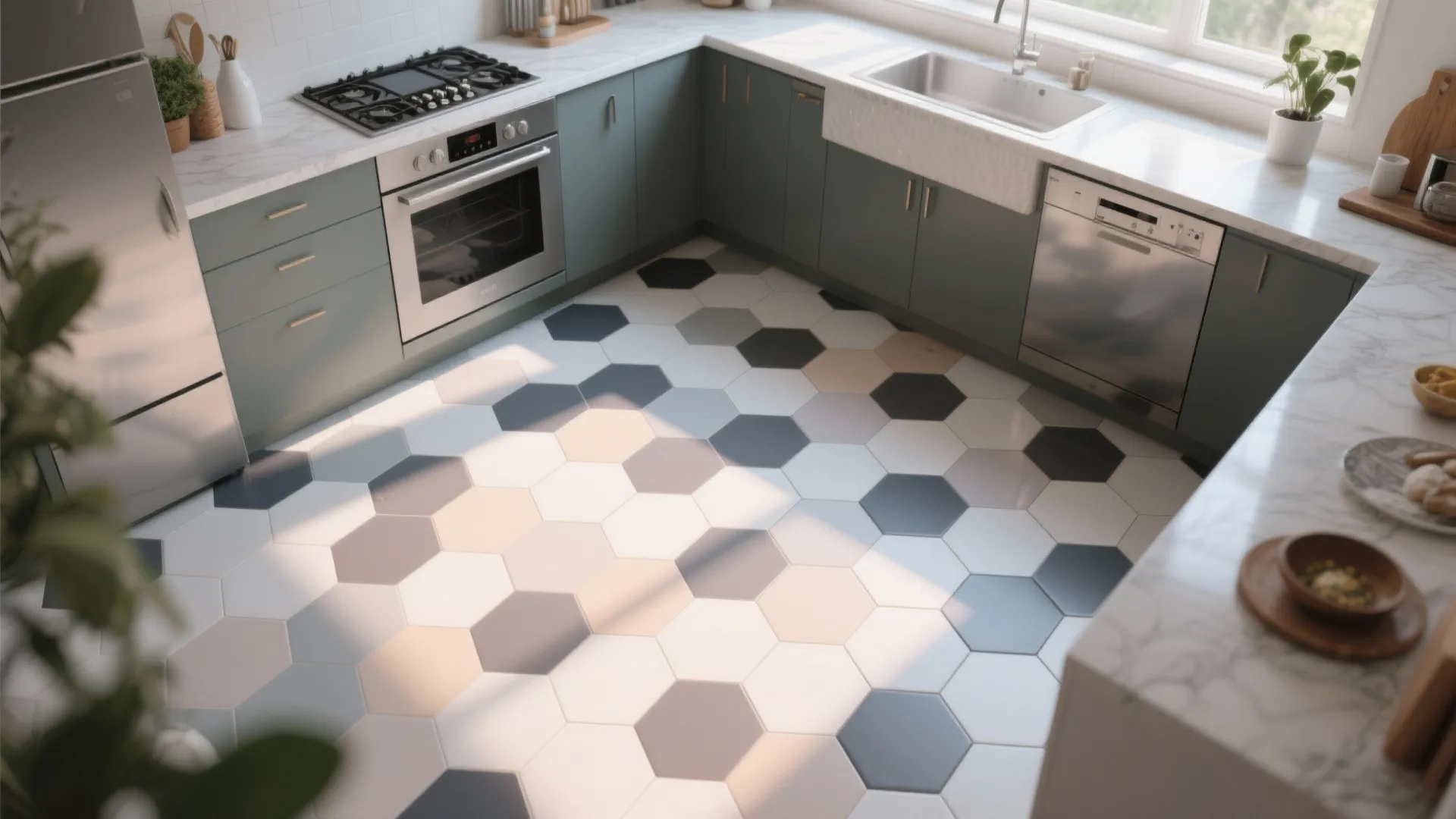 Kitchen with playful gradient hexagon tile flooring