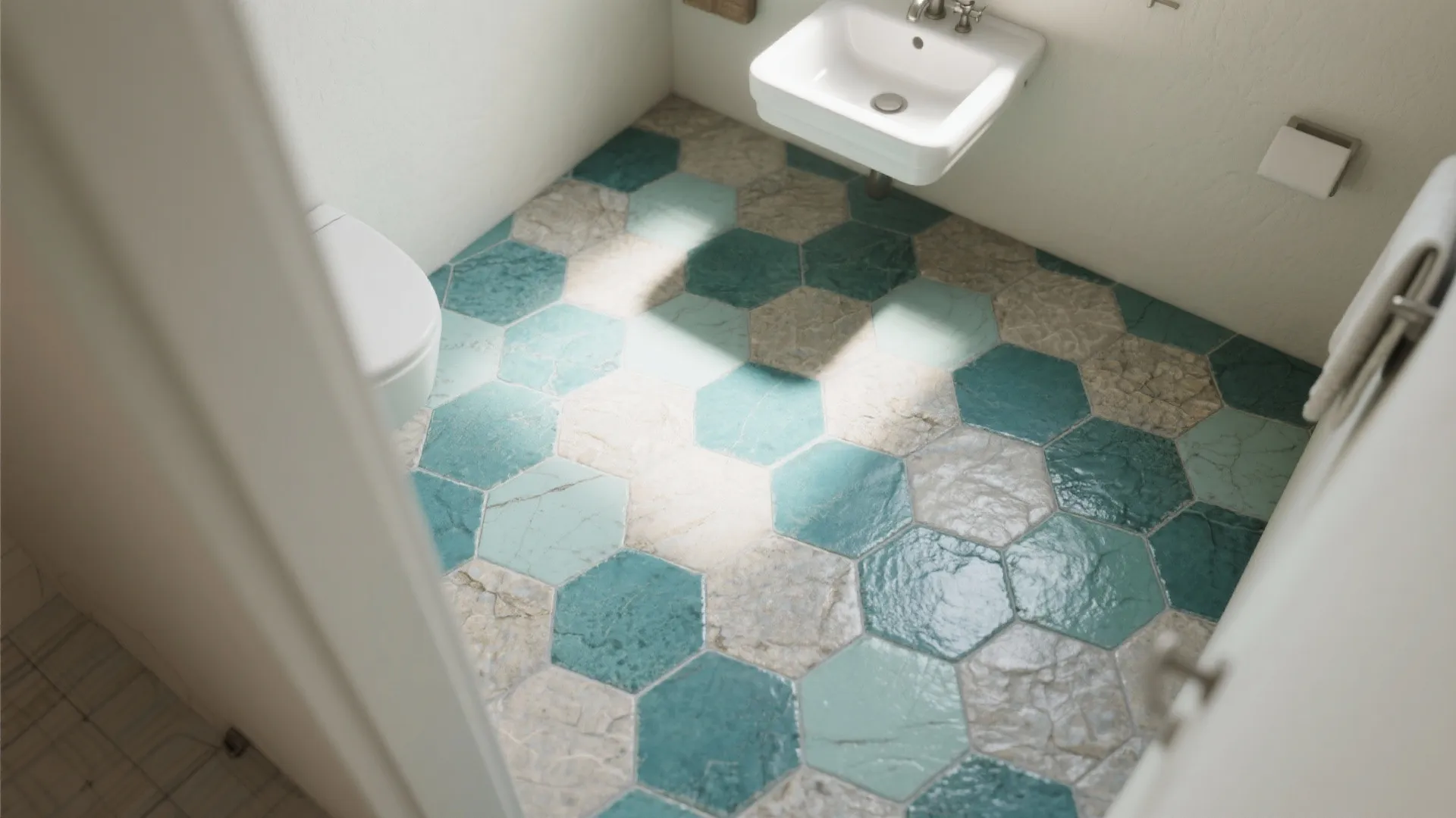 Hexagon teal and mint floor tiles forming a textured pattern in a small bathroom.