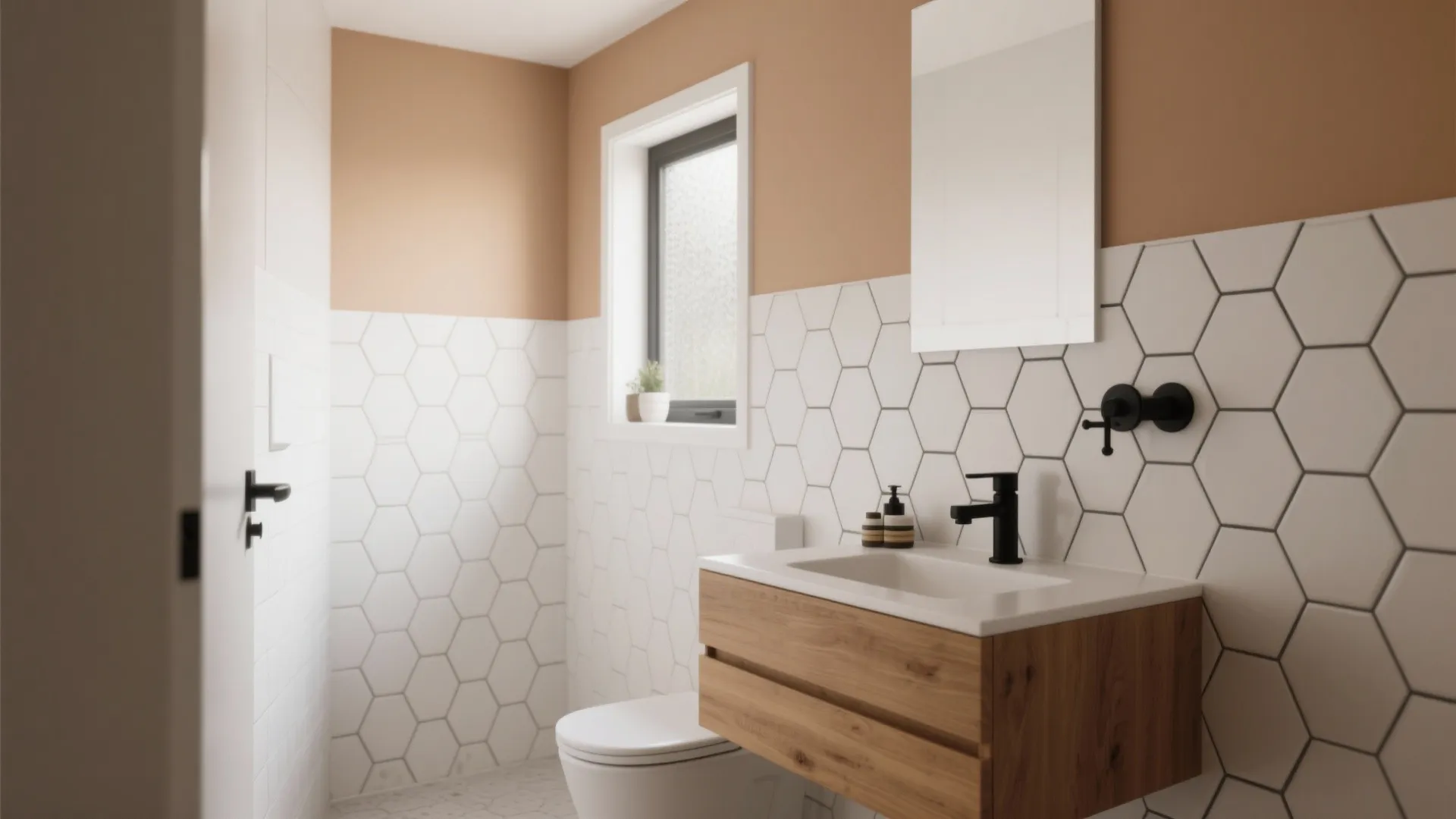 Modern bathroom featuring white hexagon wall tiles with wooden cabinet and black water tap fixture