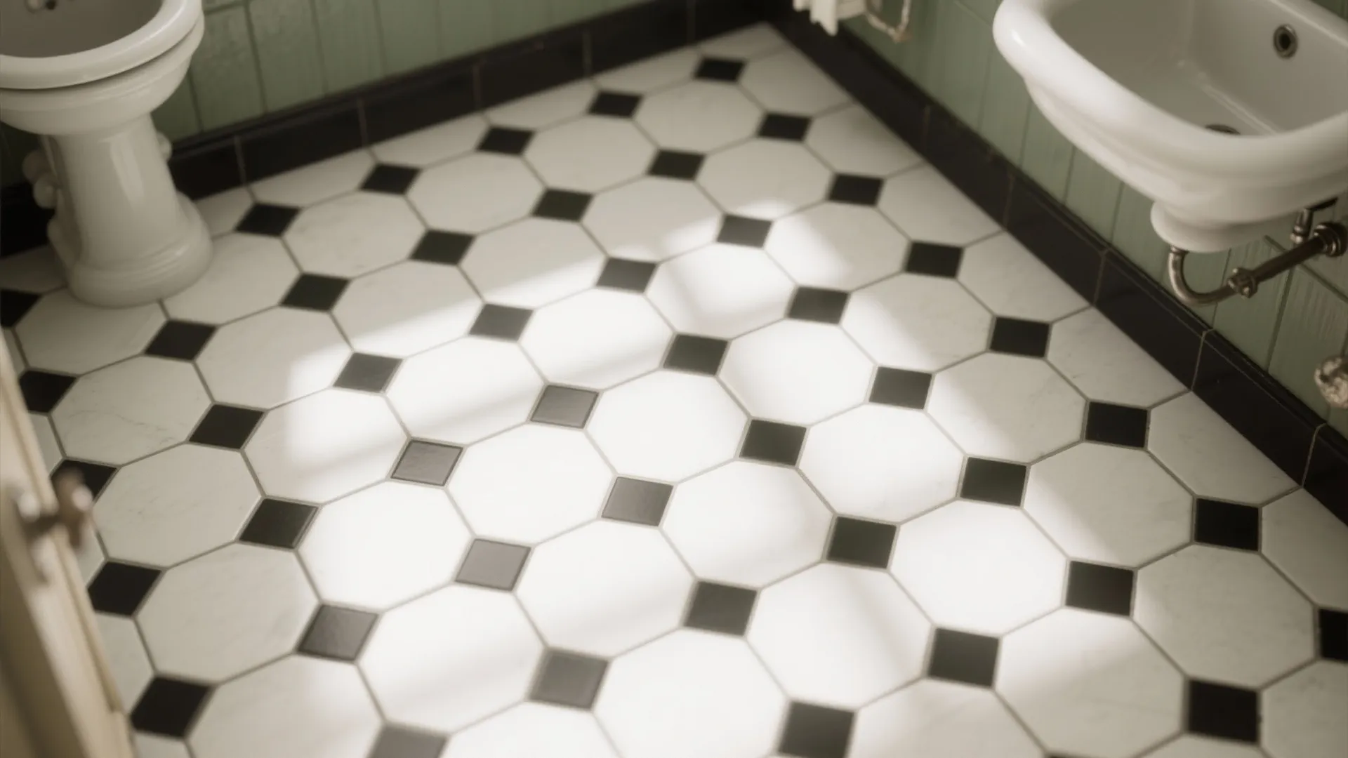 Bathroom interior with white and black hexagonal floor tiles, toilet, sink, and light green walls