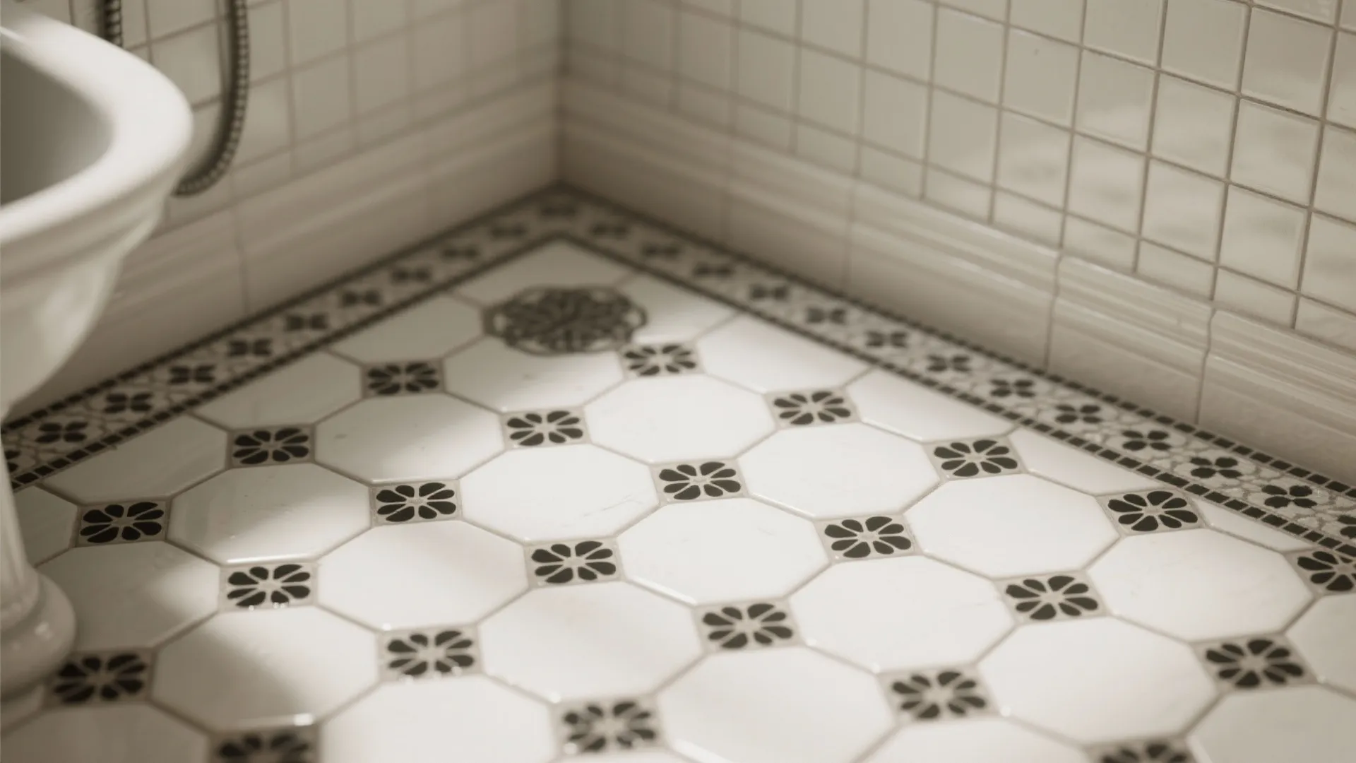 Close-up of vintage hexagonal mosaic tiles with black floral accents