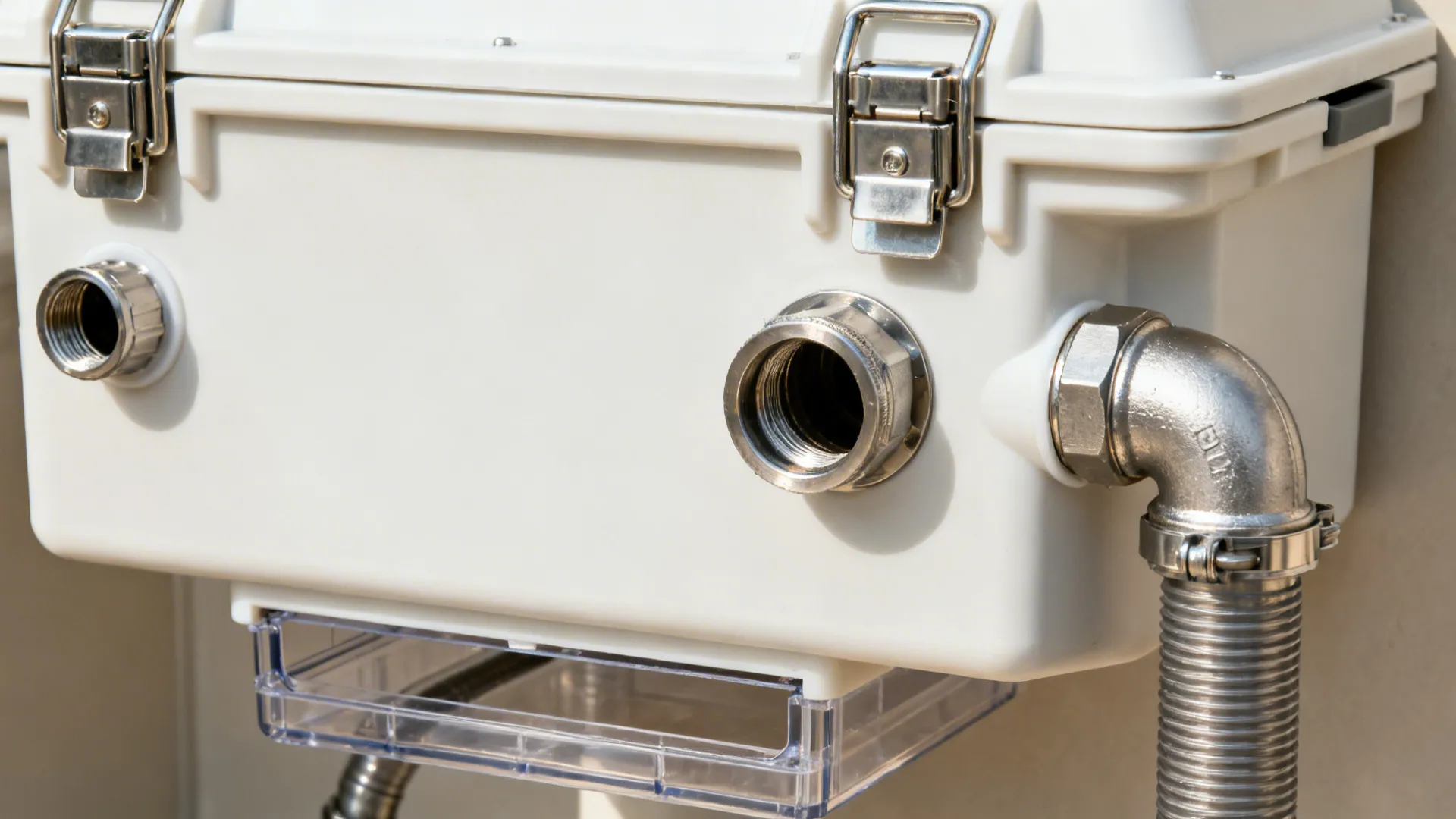 Close-up of a compact hydromechanical grease interceptor with stainless latches and clear access under a sink.