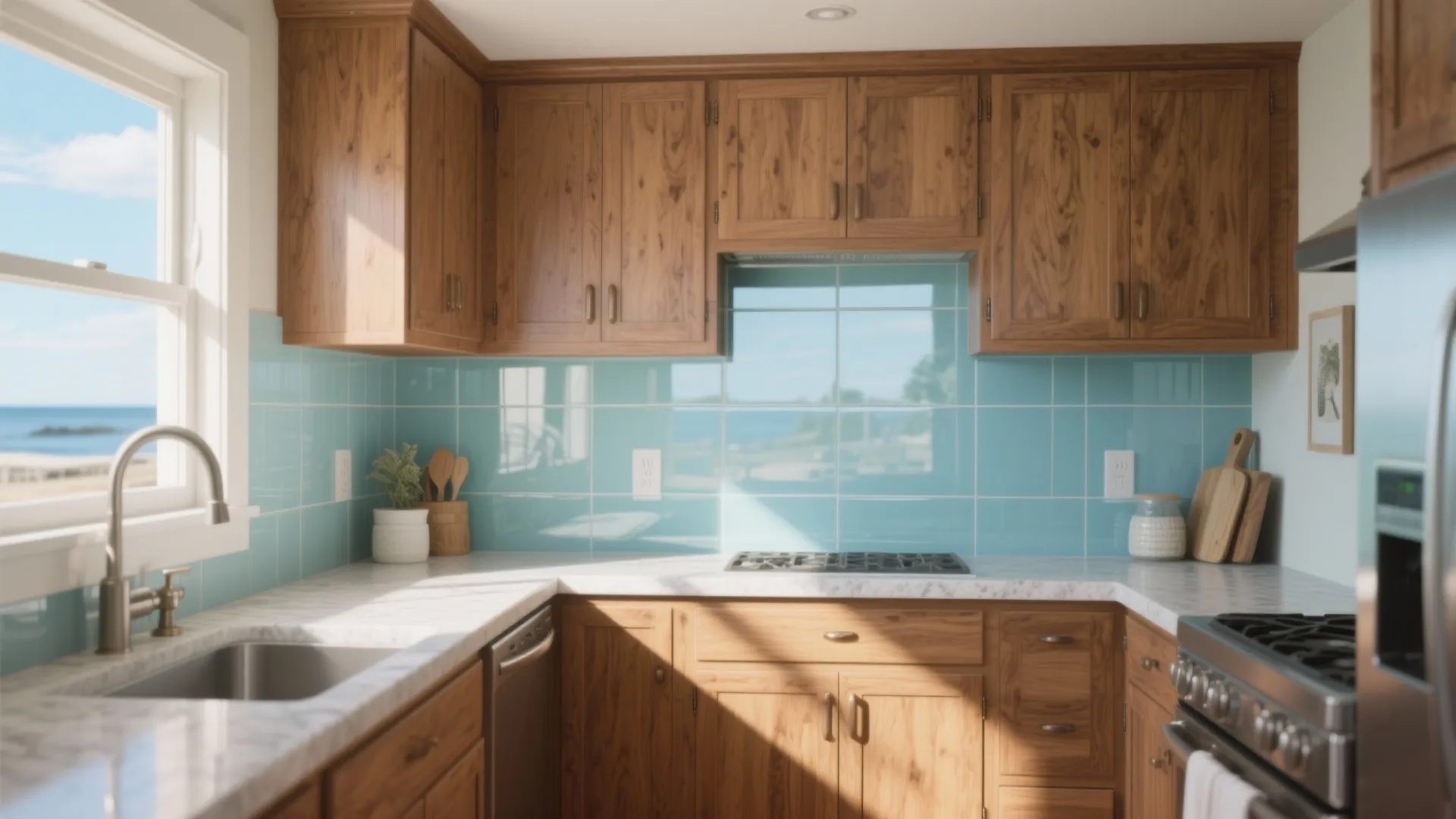 3. Hickory with Glass Backsplash for Added Light