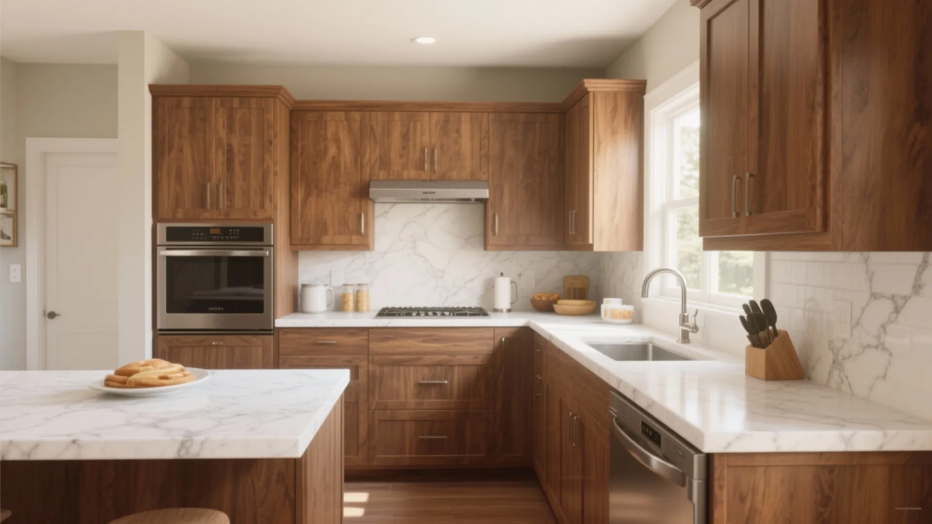 1. Hickory Cabinets with White Quartz Countertops