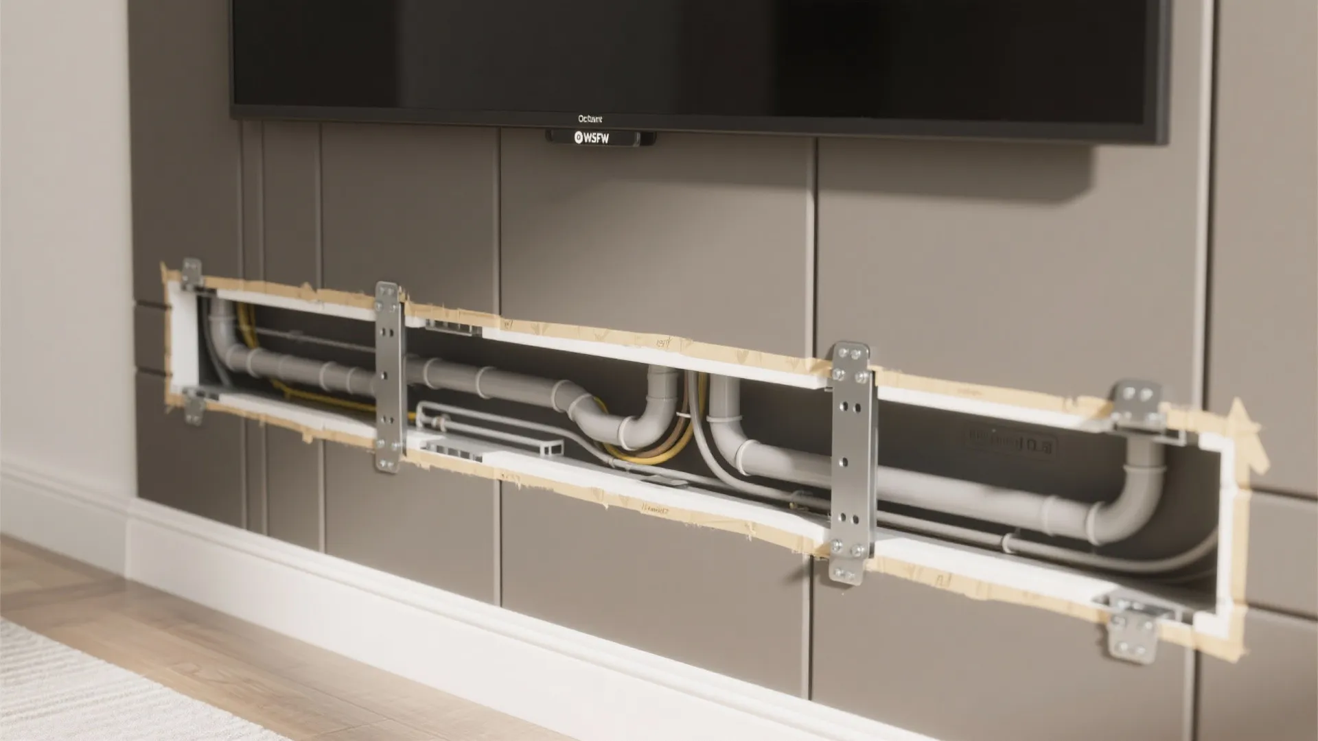 Wall panel installation showing hidden cable pipes and metal brackets behind a flat screen television