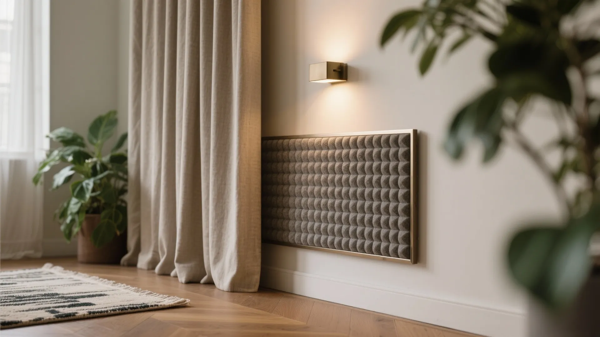 Modern interior wall with grey textured wall panel warm wall light long curtains and rug