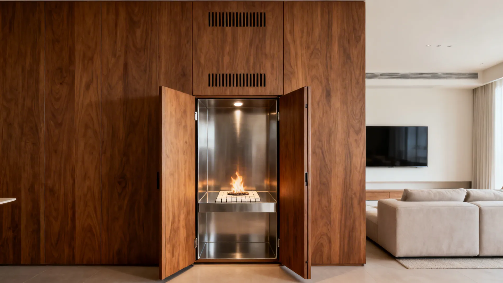 Flush wood millwork with doors revealing a compact, lit altar cabinet in a living room.