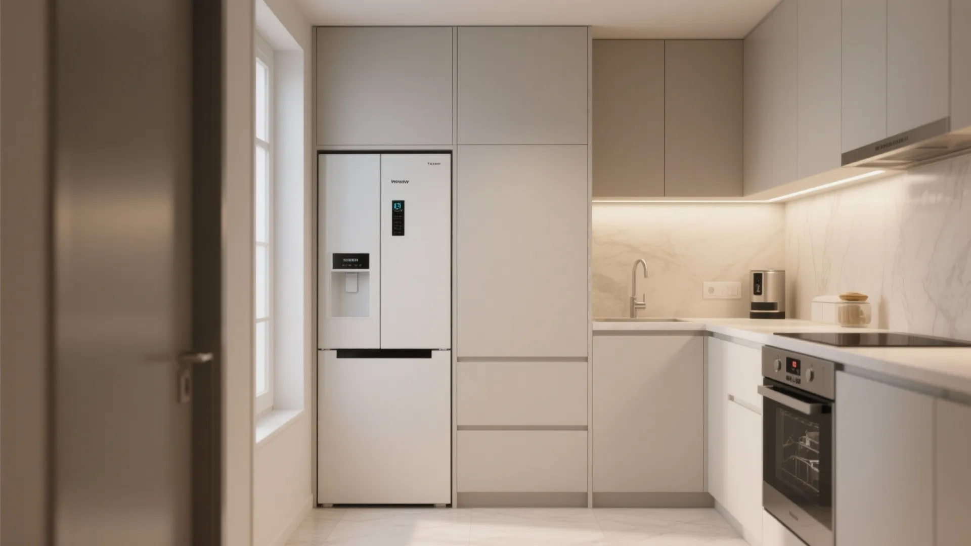 Minimalist white kitchen design with built-in refrigerator, sleek cabinets, oven, stovetop, and soft warm lighting