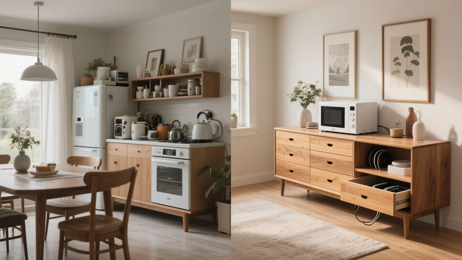 Comparison showing a full kitchen layout and a wood cabinet used to hold a microwave
