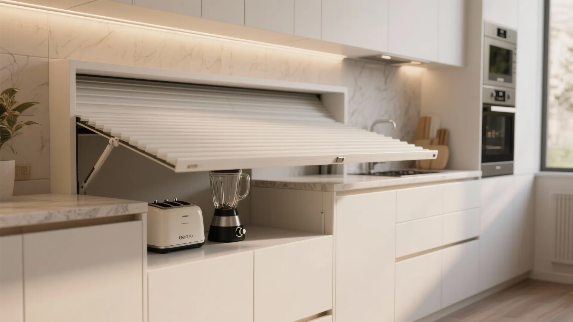 White kitchen cabinet with a lifting door hiding a toaster and blender on the counter
