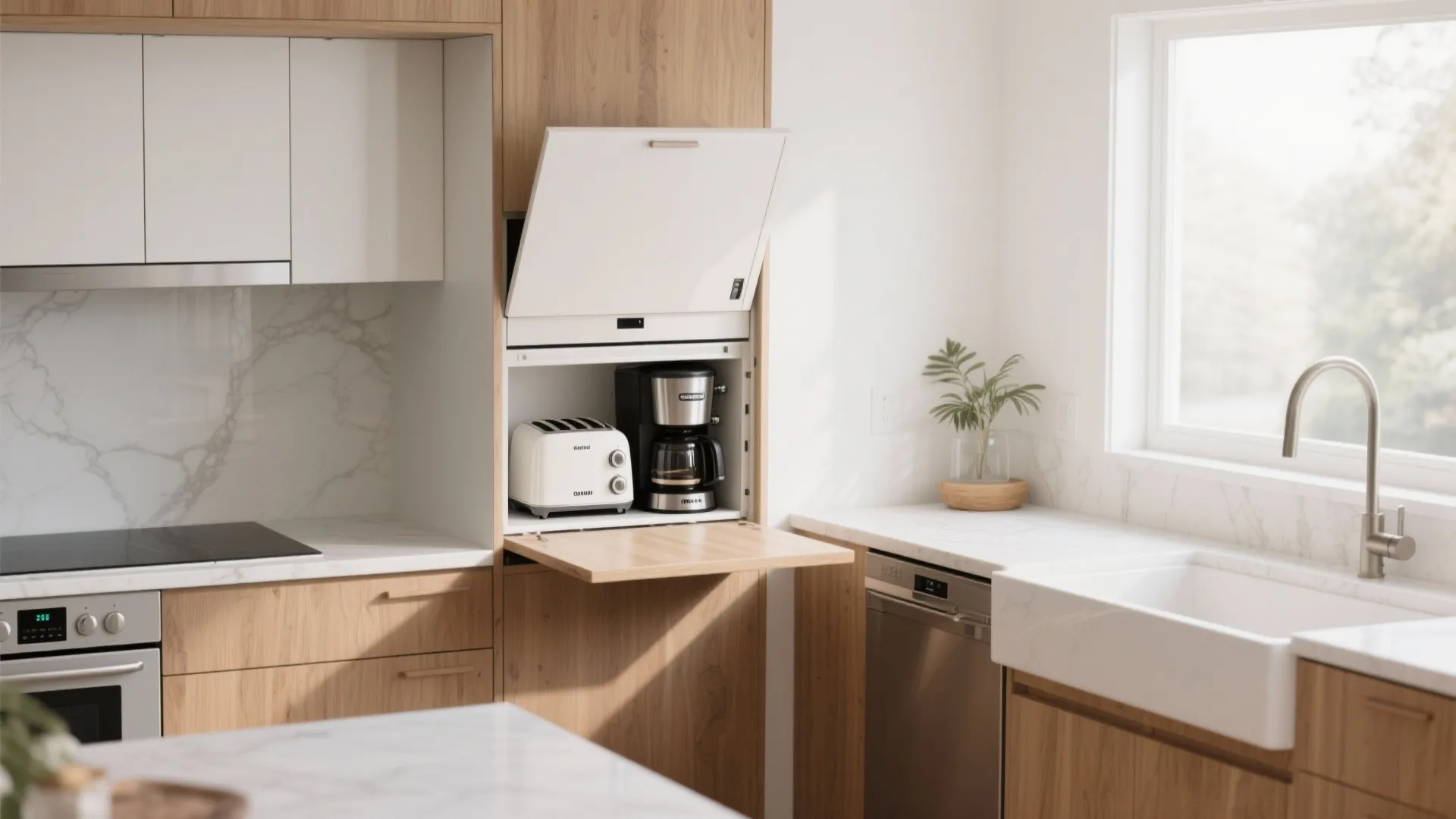 Kitchen cabinet with pull out shelf holding a toaster and coffee maker near white apron sink