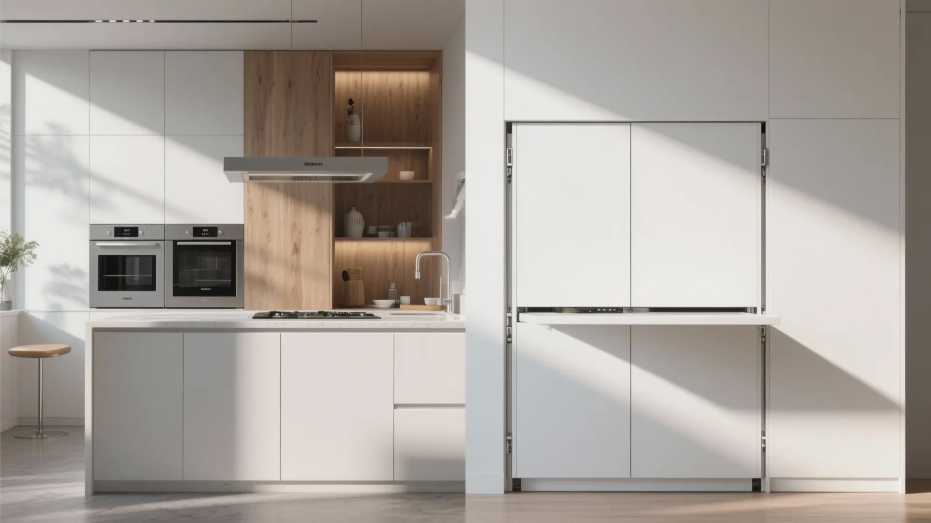 Modern white kitchen cabinets with wood shelves and built in ovens next to hidden storage doors