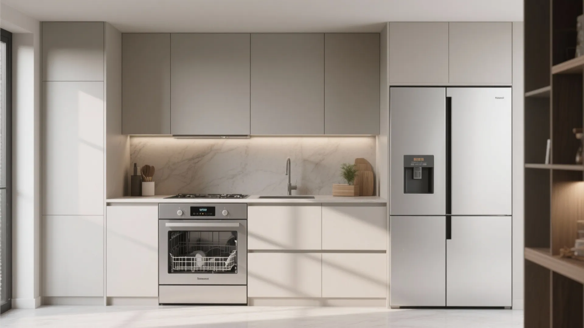 Minimalist kitchen with beige cabinets built in silver fridge oven marble backsplash and simple counter