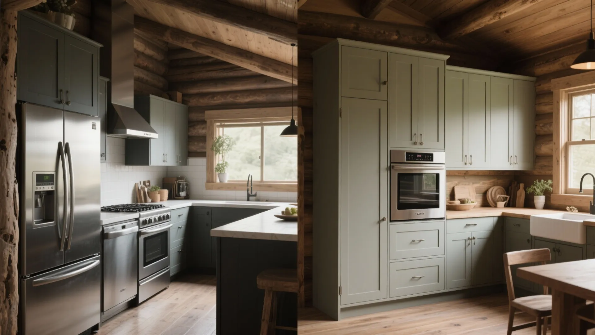 Rustic log cabin kitchen with green cabinets stainless steel fridge oven and wooden floor interior design