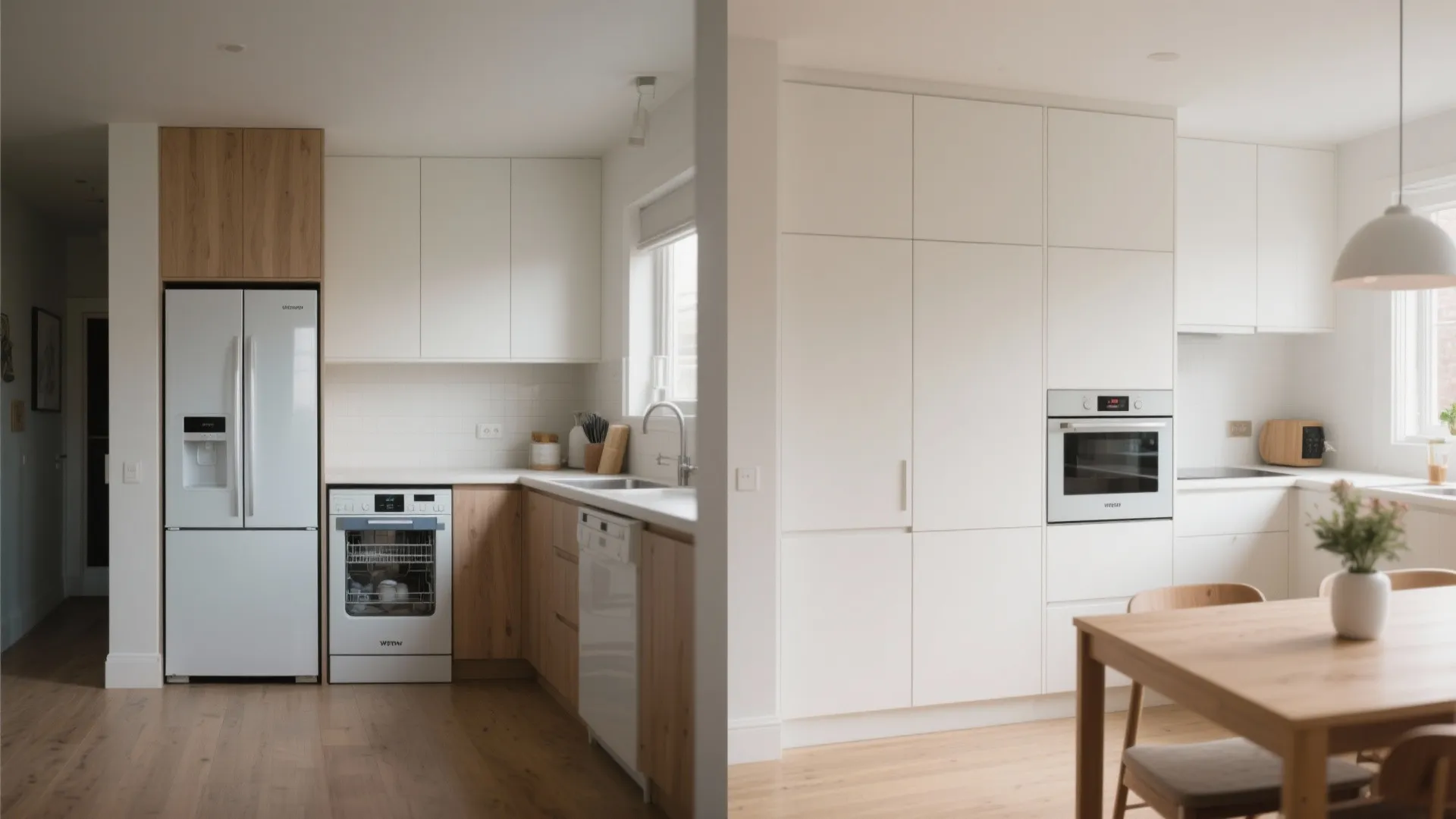 Modern kitchen with white fridge wood cabinets dishwasher and integrated oven next to dining table