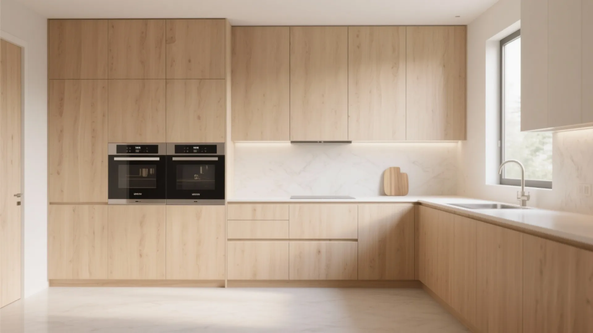 Modern kitchen with appliances concealed behind cabinet panels