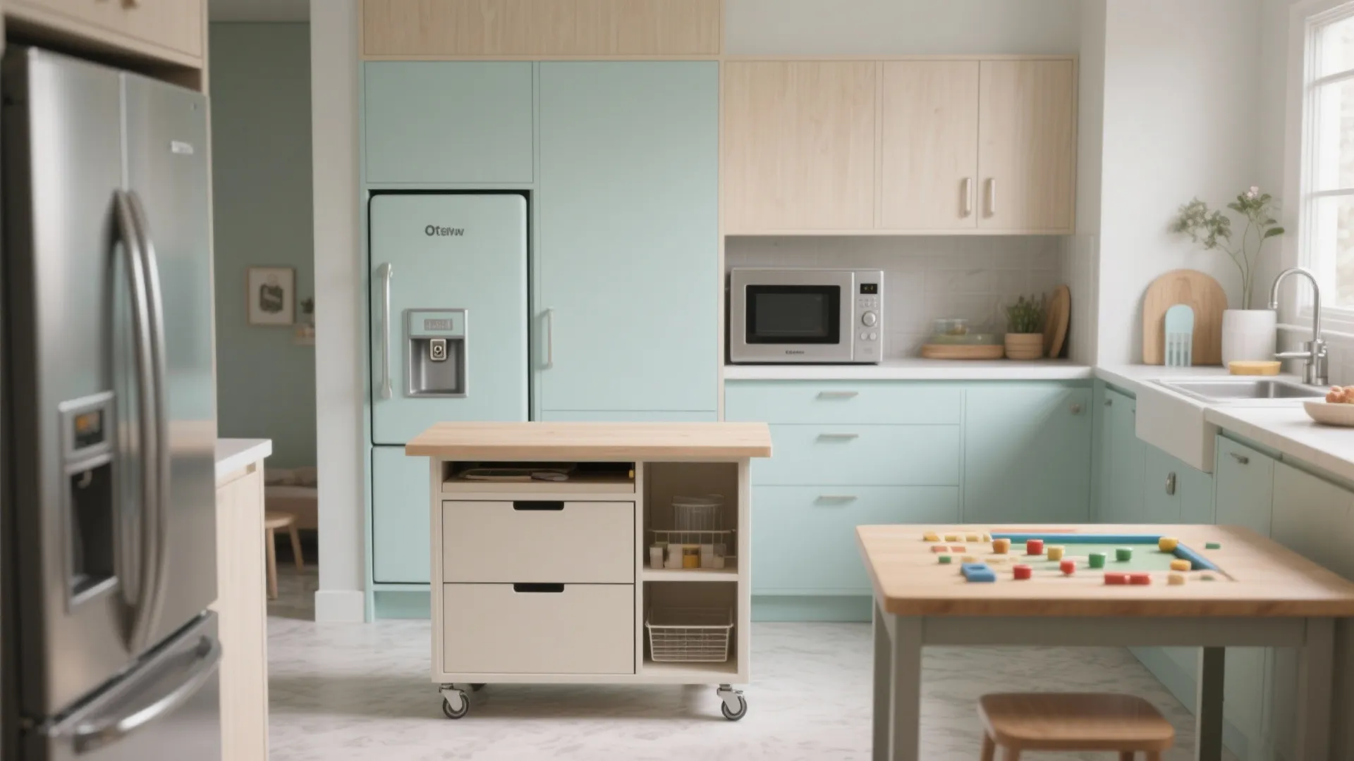Hidden drawer fridge and mobile island with lockable casters in a pastel kitchen.