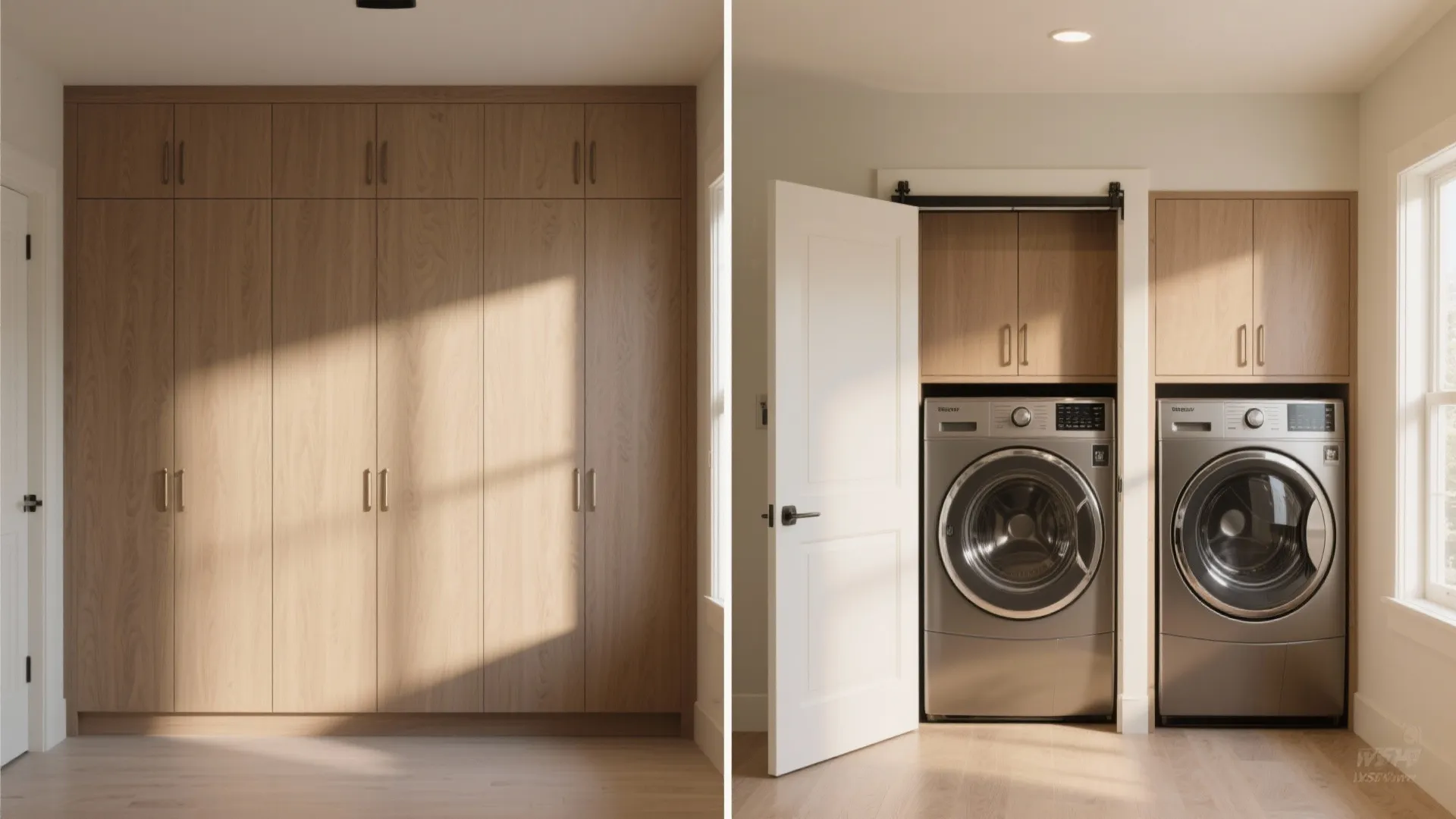 Before and after view of a laundry area hidden behind large wooden cabinet doors inside