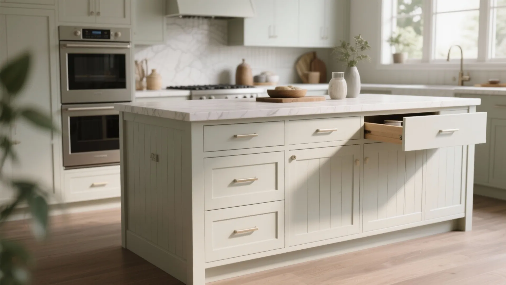 Cream kitchen island with marble top open drawer built in oven and white wall panel