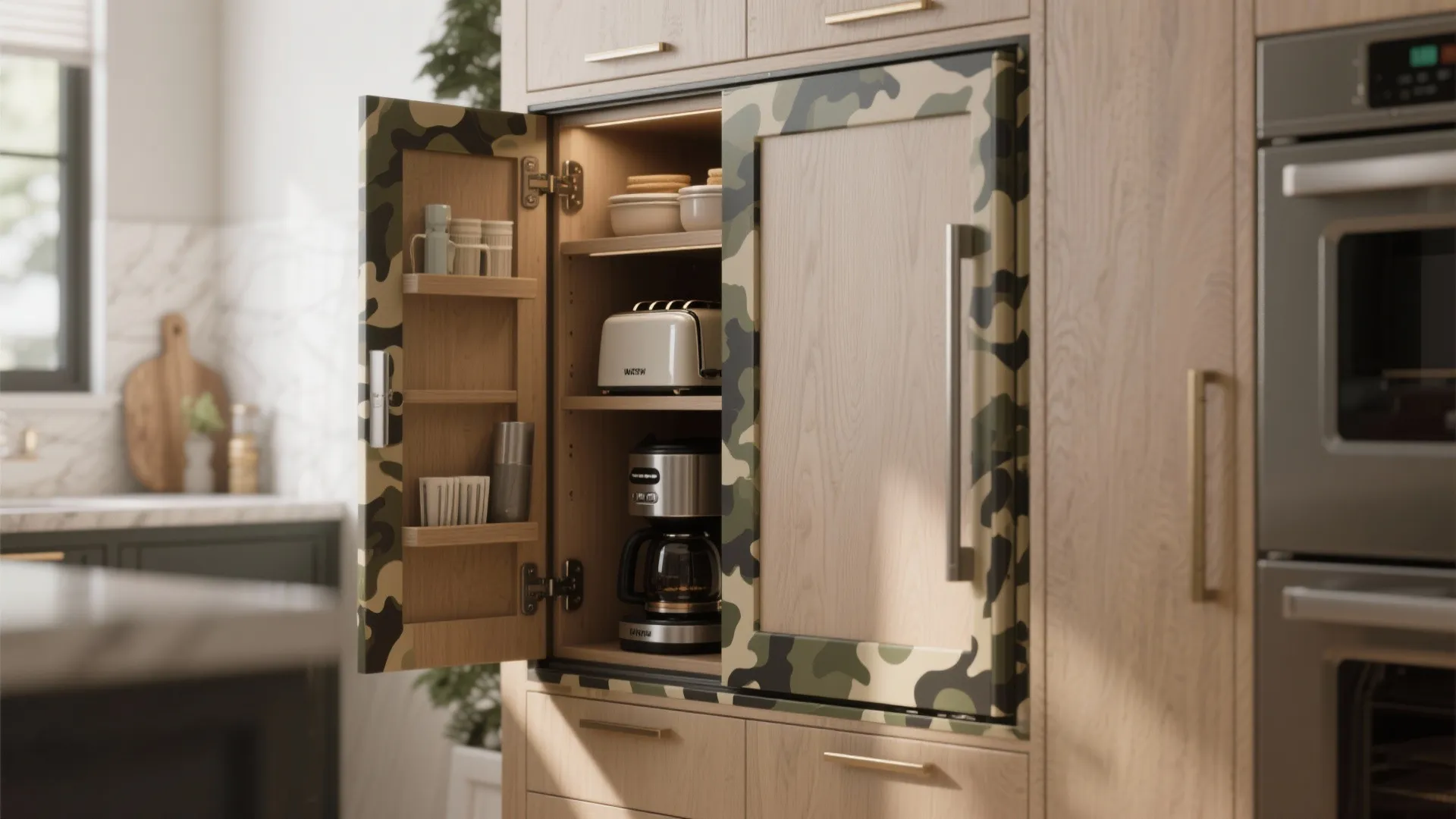 Pocket pantry and appliance garage in a compact kitchen, showing concealed storage and tidy counters.
