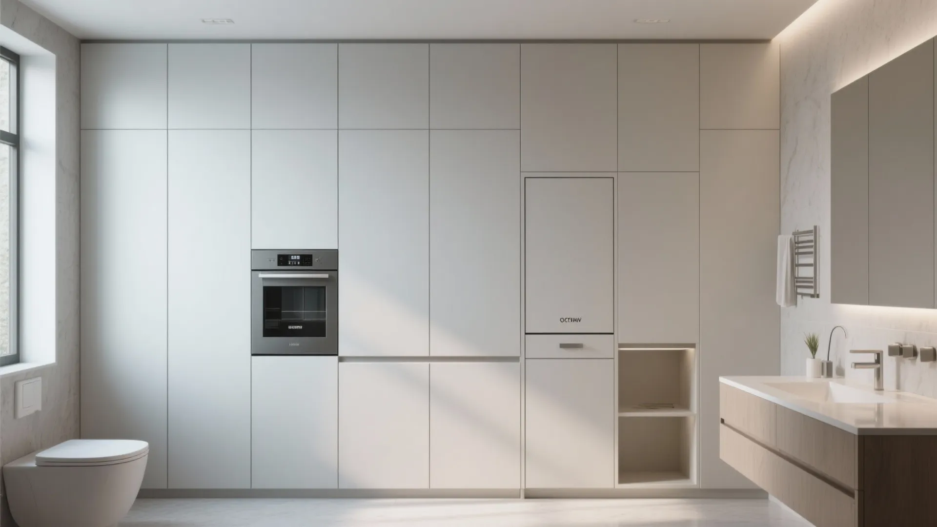 Minimalist white bathroom wall with integrated storage cabinets holding a built in oven and toilet