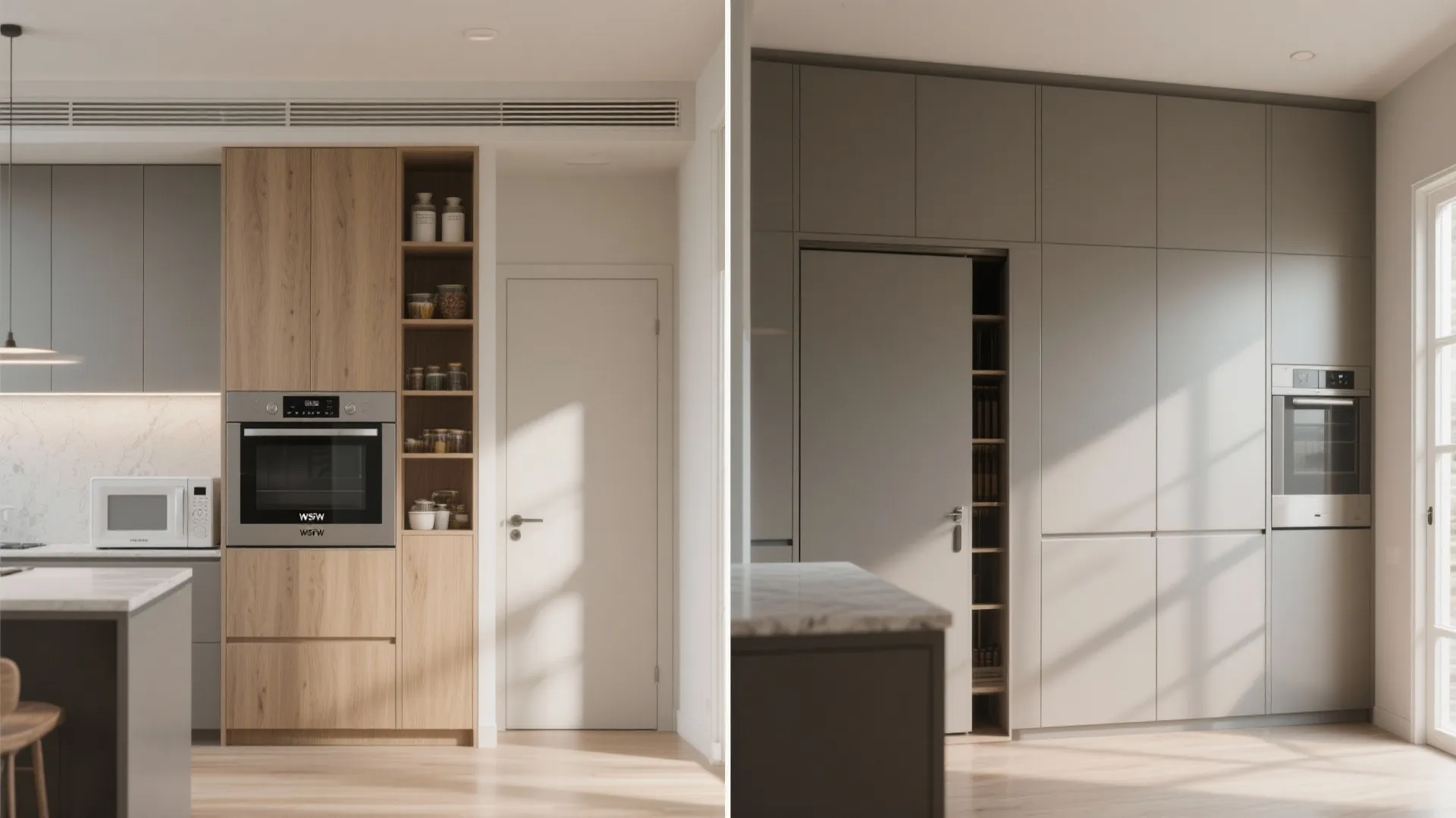 5. Integrated Appliance Panels and Hidden Pantry Doors