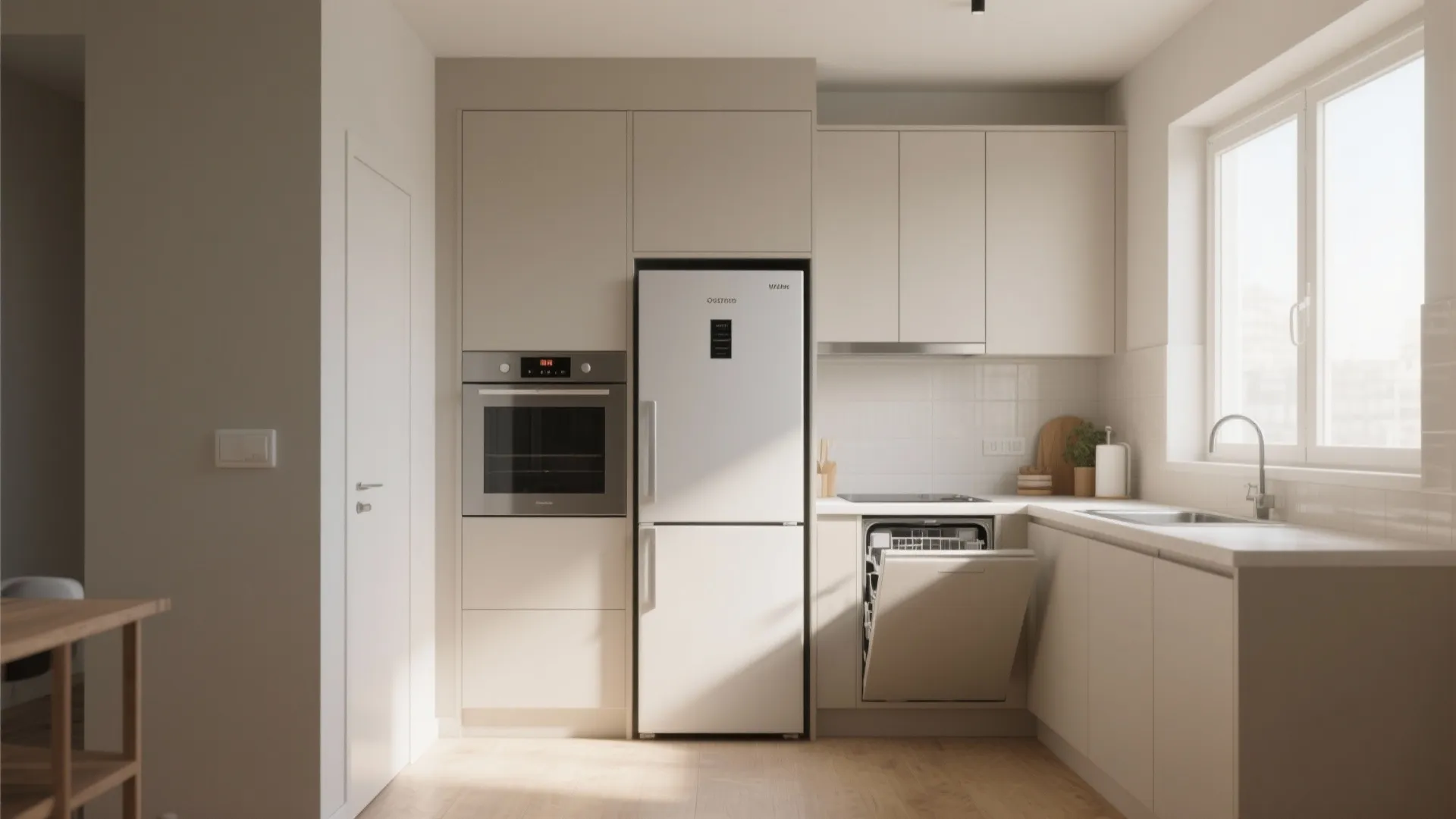 Minimal kitchen with hidden fridge and dishwasher behind panels