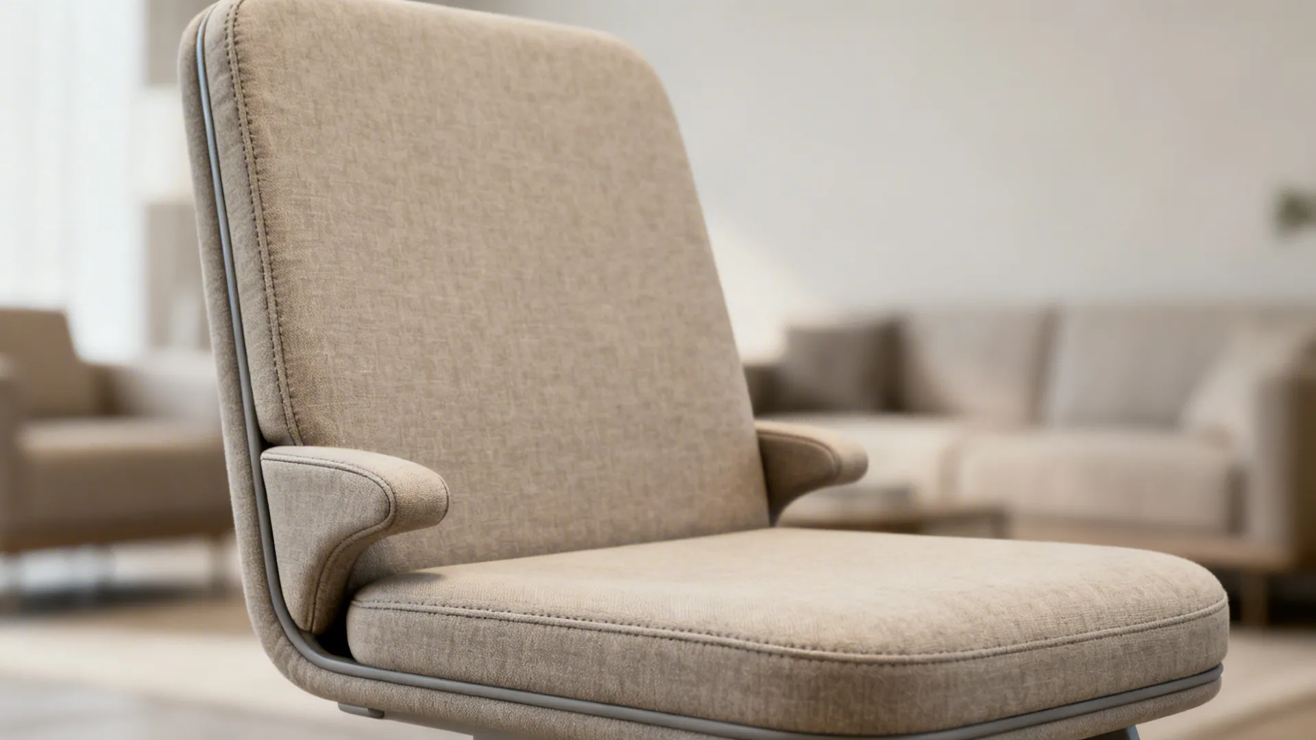Close-up of a minimalist orthopedic chair showing hidden supportive arms within the upholstery